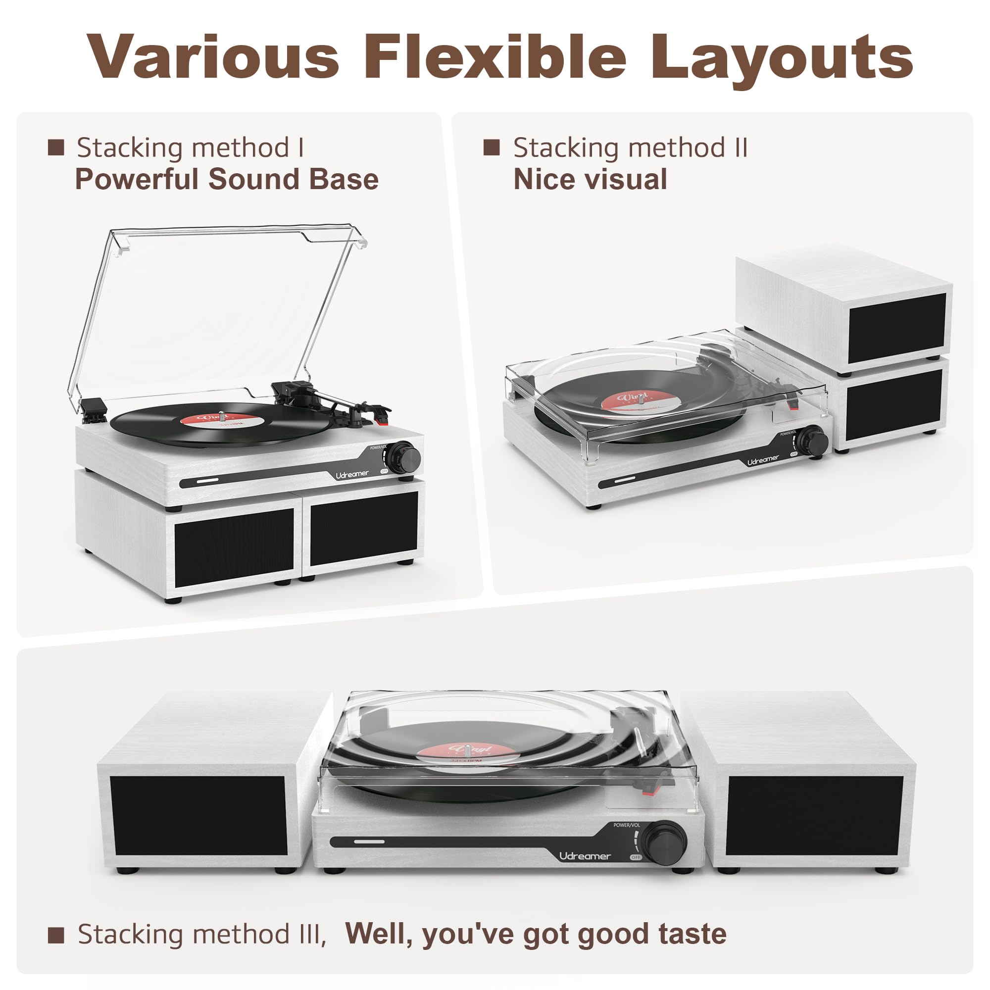 Udreamer Plattenspieler mit 2 Dual-Stereo-Lautsprechern, Vintage Plattenspieler Bluetooth 5.3 unterstützt 3 Geschwindigkeiten, AUX-In, Cinch-Line, USB, kabellose Wiedergabe, Weiß