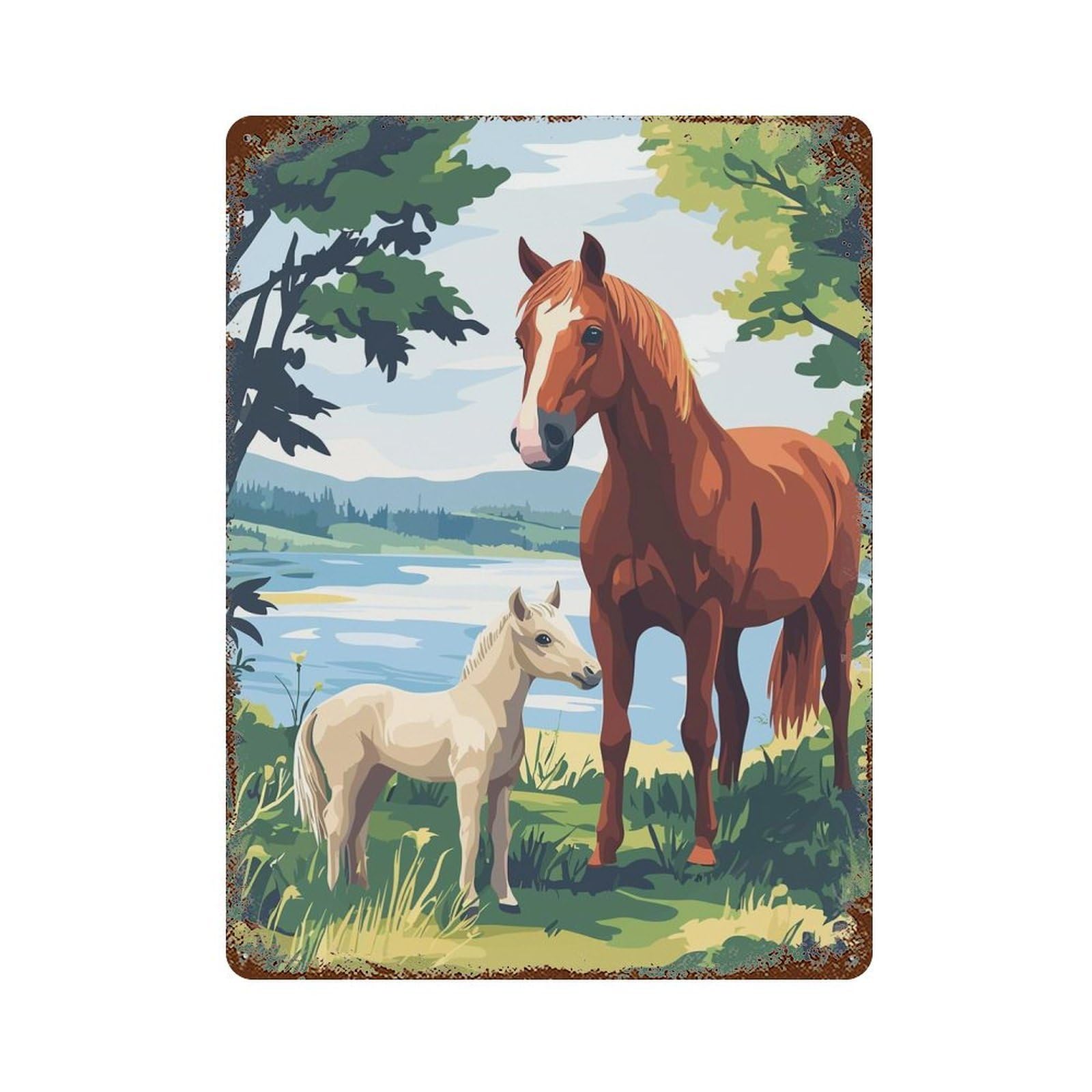 Horse And Foal by The Lake Weathered Tin Sign 15.7"x11.8", Shabby Chic Decor for Garage, Pub Or Kitchen