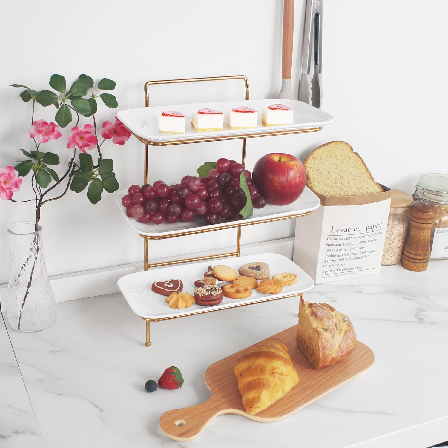3-Tier Service Plates Stand, with 3 Pcs 12.2 Inch Ceramic Plates and Foldable Sturdy Gold Stand, for Food Display, Fruit, Cake Dessert, Decoration for Party Entertaining, White