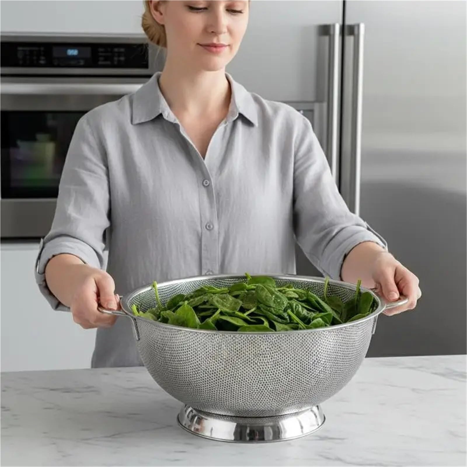 Colador de acero inoxidable con doble Mango, cesta coladora Pasta for alimentos Base anillo sólido autodrenante, filtro malla fina, 2 uds para Pasta Verduras y Frutas