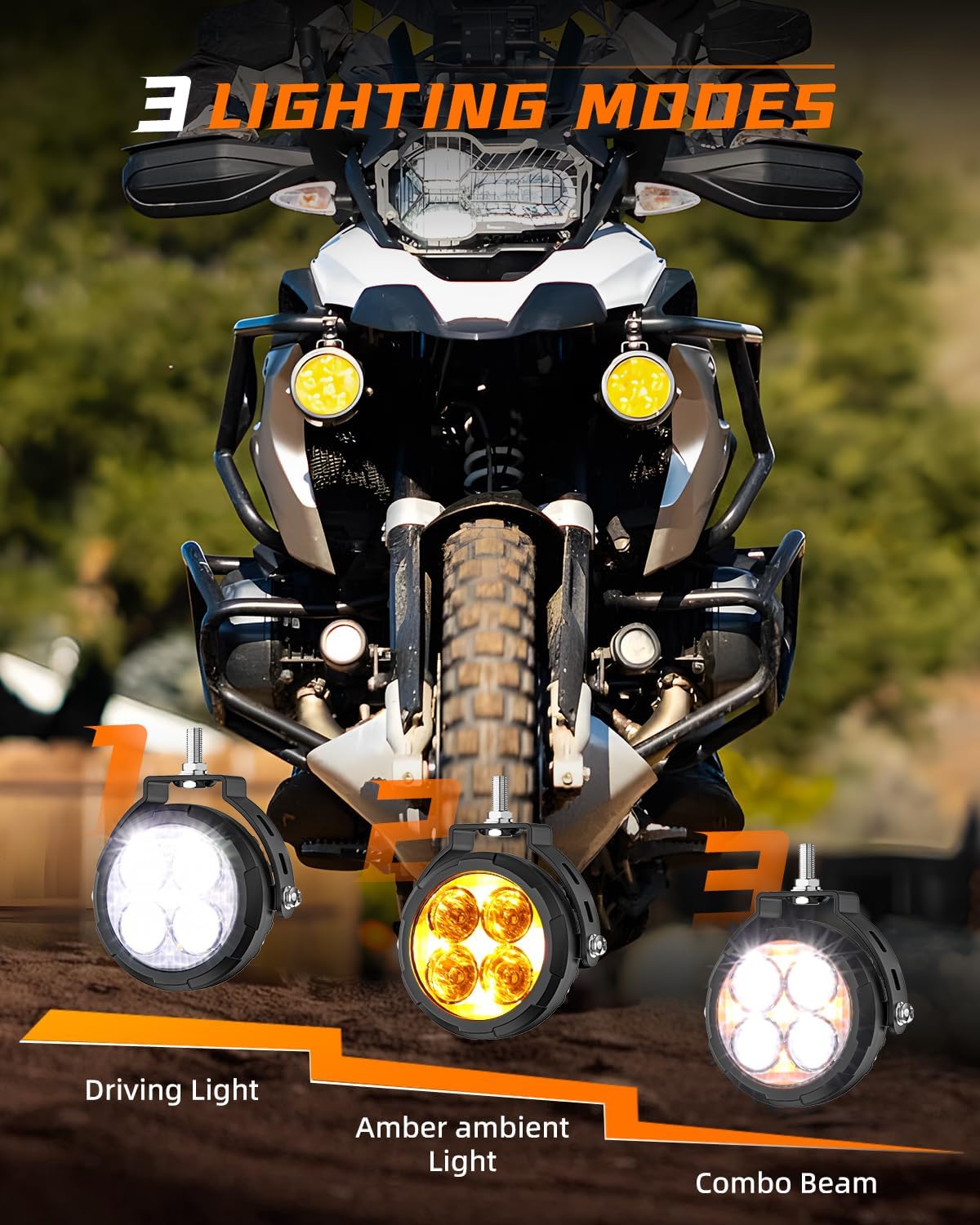CO LIGHT 3.5 Inch Motorcycle Fog Lights with Amber DRL Hi-Lo Beam 9 Flash Modes Motorcycle Auxiliary Lights IP68 with Wiring Harness Interchangeable Mask Compatible for ADV Motorcycles ATV UTV SUV