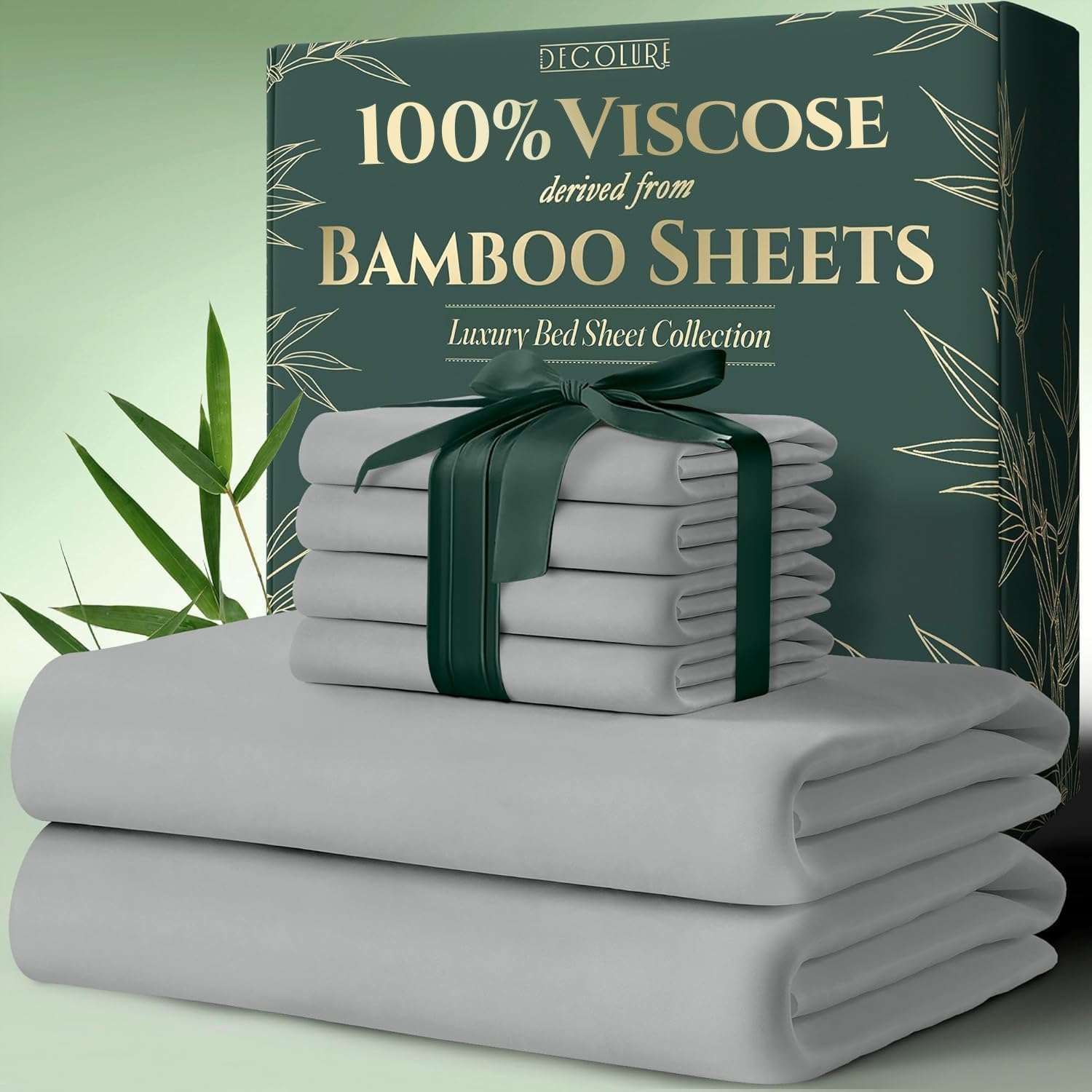 DECOLURE 100% Viscose Derived from Bamboo Sheets Queen Size 6pcs - Ultra Soft & Luxuriously Cooling, 17" Deep Pocket, Double Stitching, Perfect for Hot Sleepers - Queen Bed Sheets (Light Grey)