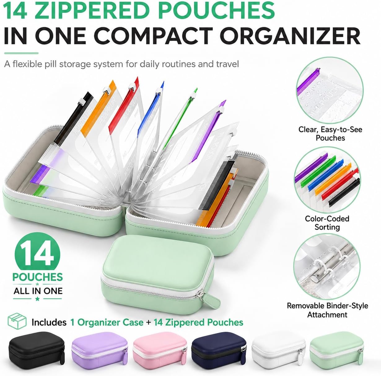 Travel Pill Organizer A8 Waterproof Pill Pouches with 14 Zippered