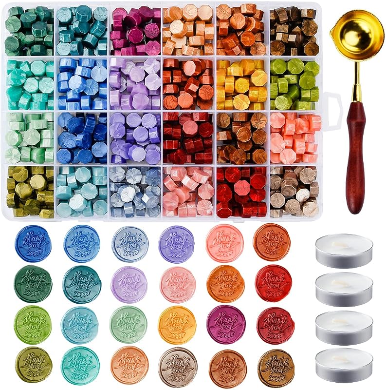 Cuentas metálicas de sellado de cera de colores variados - 24 colores, más de 600 cuentas de cera de sellado | Para sellos de cera de bricolaje, decoración para sobres, cartas, invitaciones de boda y botellas de vino para sellar