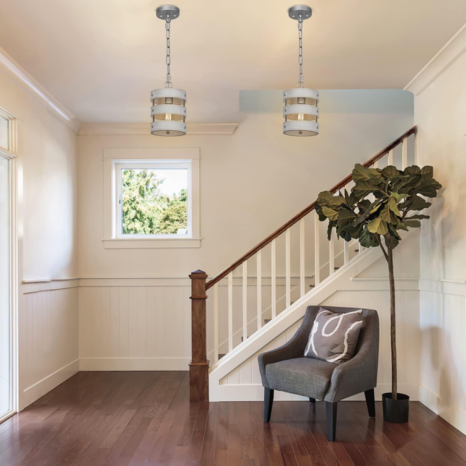 Rustic Pendant Light Fixtures, Farmhouse Kitchen Wood Hanging Lighting, Industrial Round Cage Chandelier for Entryway Hallway Dining Room Bedroom Foyer