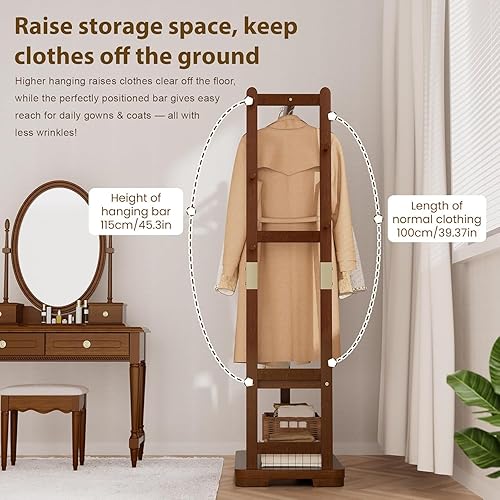 Miniatura 7 de Perchero de madera maciza con 2 estantes y 4 ganchos para colgar ropa, carteras, sombreros, estante de ropa resistente, perchero para abrigos