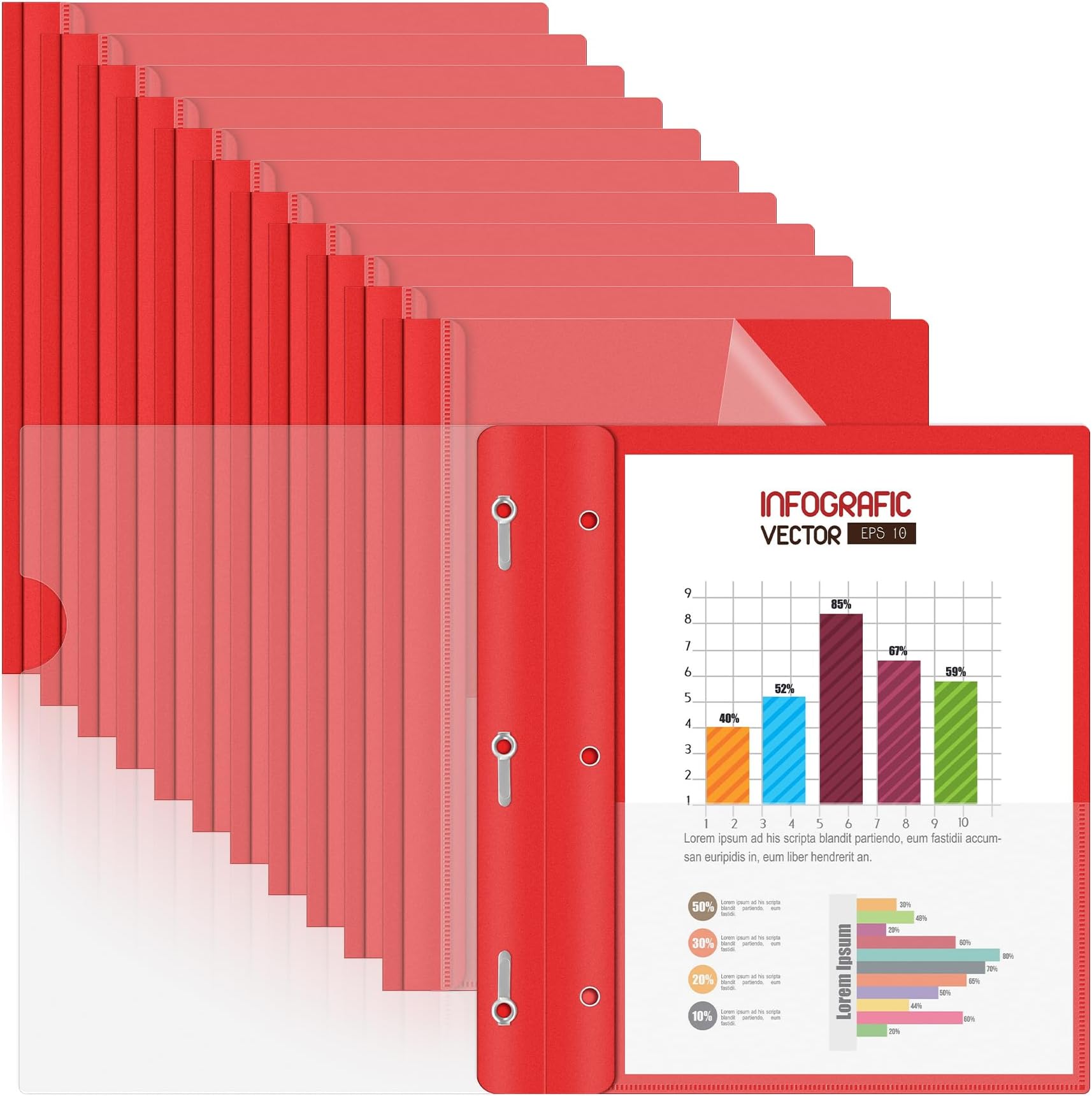 HAUTOCO 12 Pack Plastic Report Covers with 3-Prong Fasteners Clear Front Presentation Folders Resume Folders for 8.5x11 Letter Size Paper, Document Report Cover for School Office Business, Red