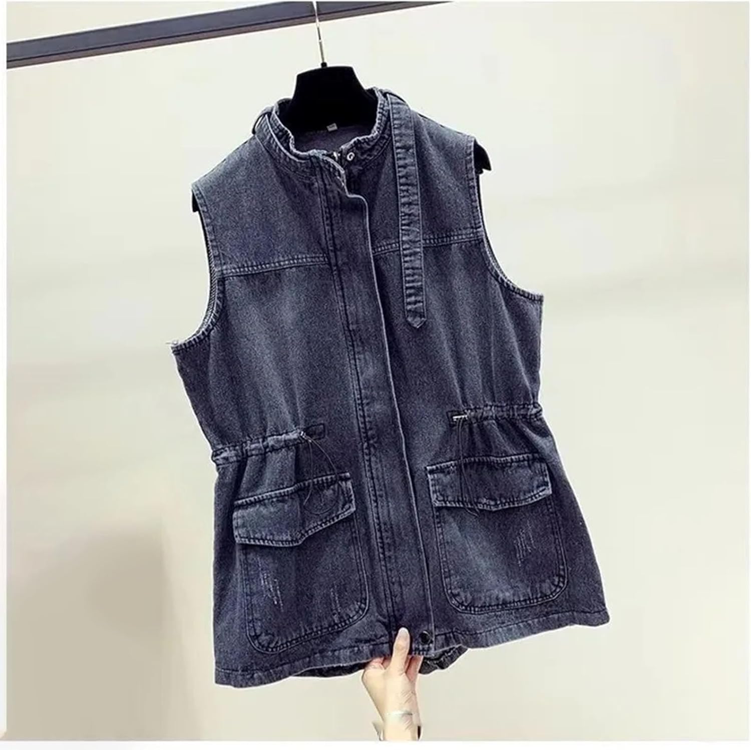 Women Back Slit Denim Vest Long Length Button Up Pocketed Sleeveless Jean Waistcoat