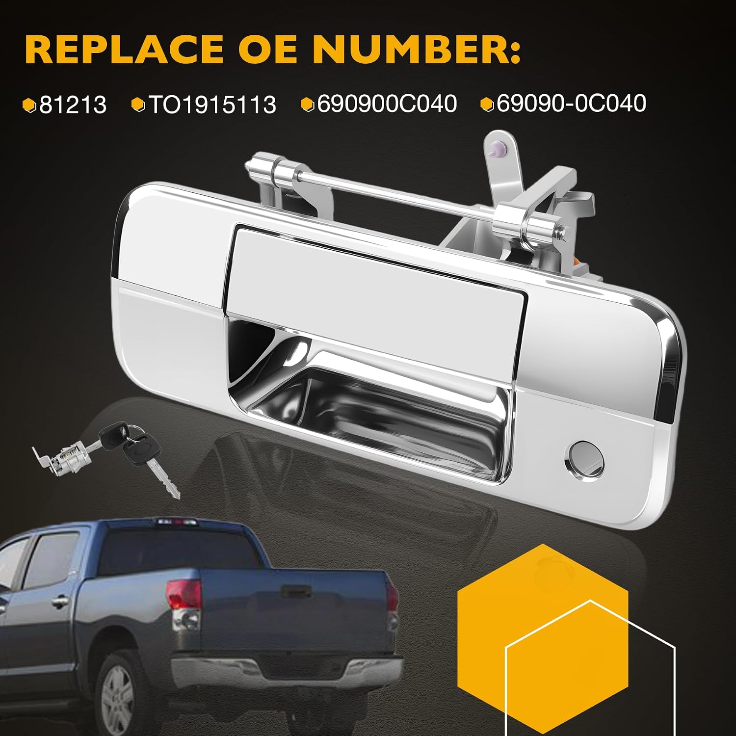 Gledewen Chrome Tailgate Handle Liftgate Latch Handle with Lock Cylinder and 2 Keys, Compatible with 2007-2013 Toyota Tundra, Replaces# 81213 TO1915113 69090-0C040