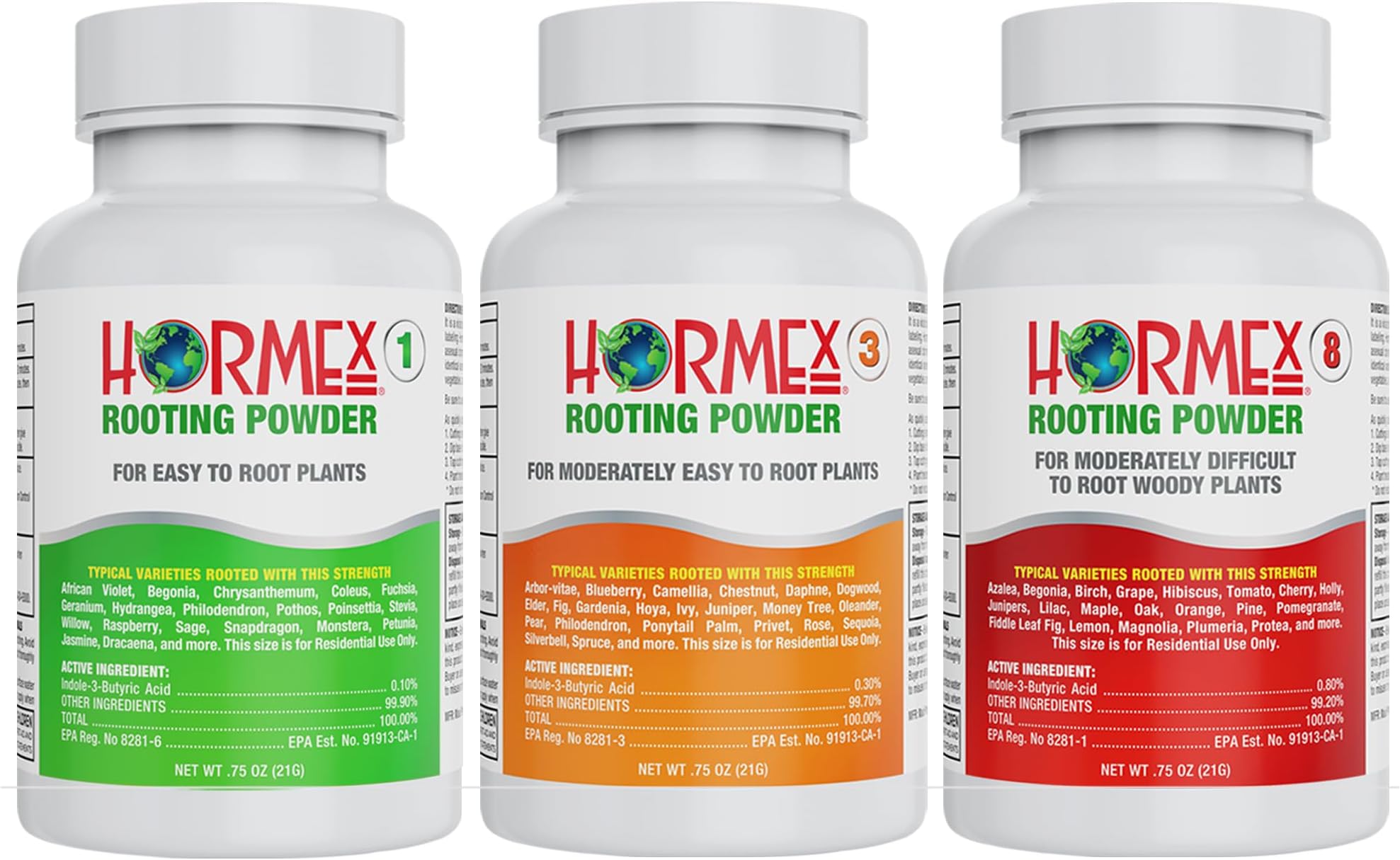Hormex Rooting Powder #1, 3, 8 (0.10-0.8 IBA) - Rooting Hormone for Delicate & Common Houseplants, Semi-Hardwood, Medicinal Plants, & Tree Cuttings - Root Stimulator for Plant Cloning & Propagation