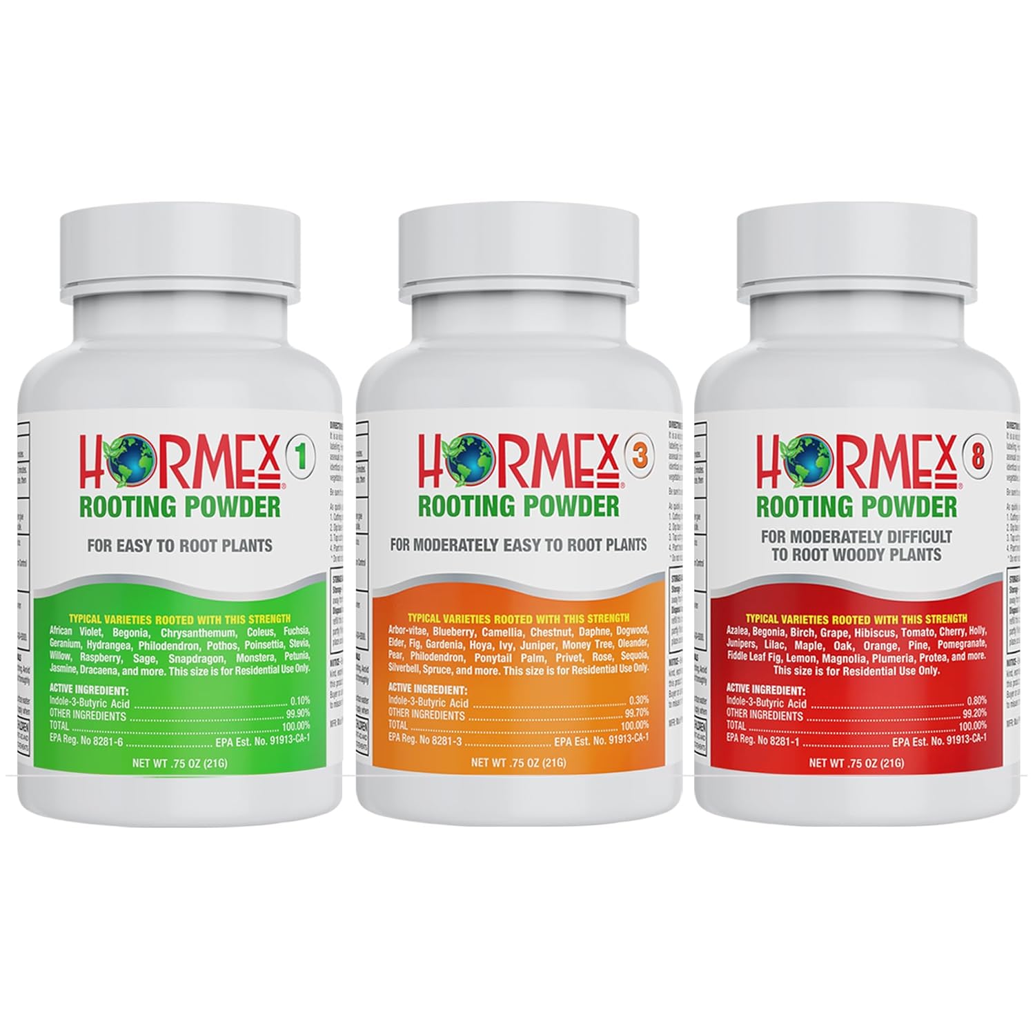 Hormex Rooting Powder #1, 3, 8 (0.10-0.8 IBA) - Rooting Hormone for Delicate & Common Houseplants, Semi-Hardwood, Medicinal Plants, & Tree Cuttings - Root Stimulator for Plant Cloning & Propagation