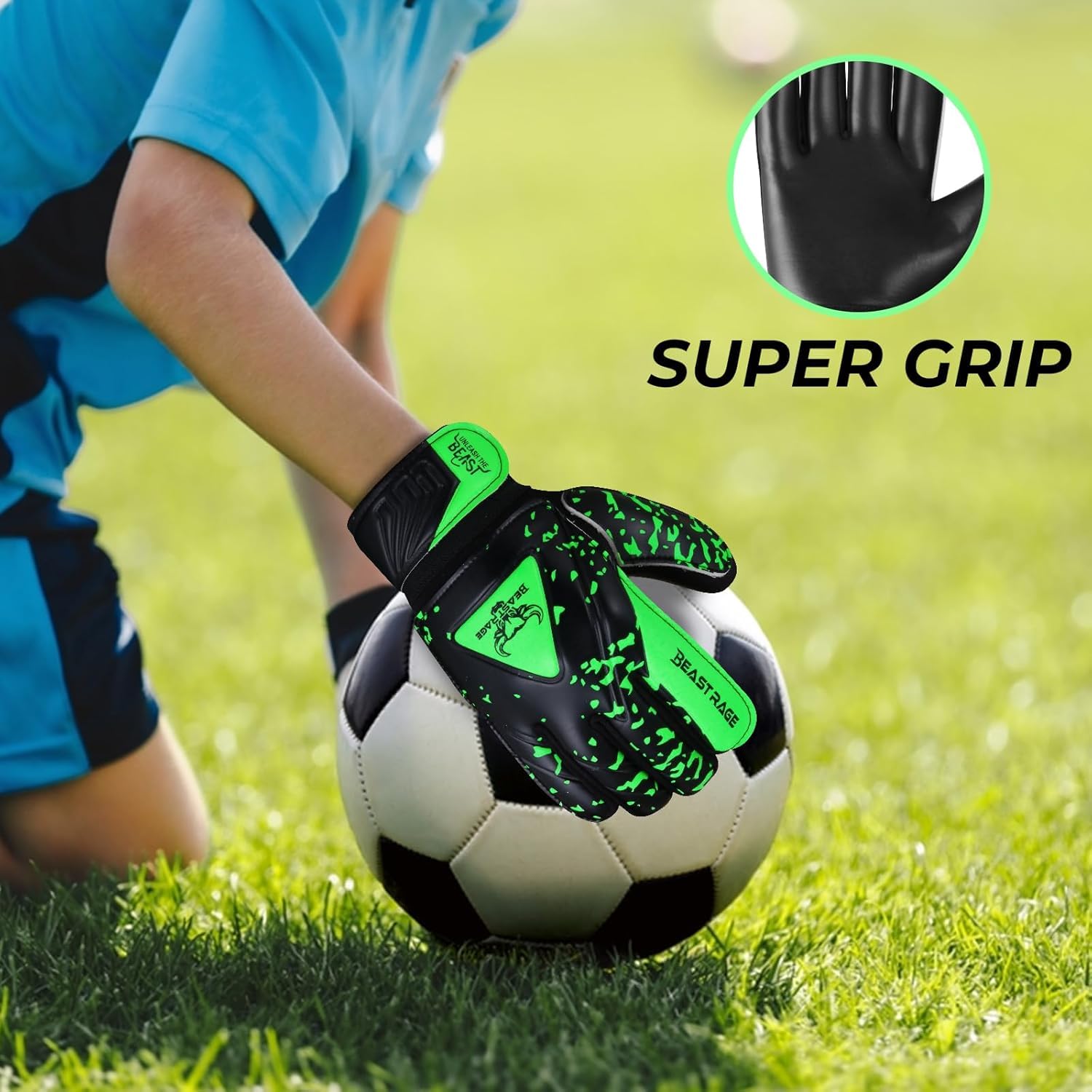 BEAST RAGE Guanti da portiere per bambini,ragazzi giovani,guanti da portiere di calcio per bambinis con doppio supporto