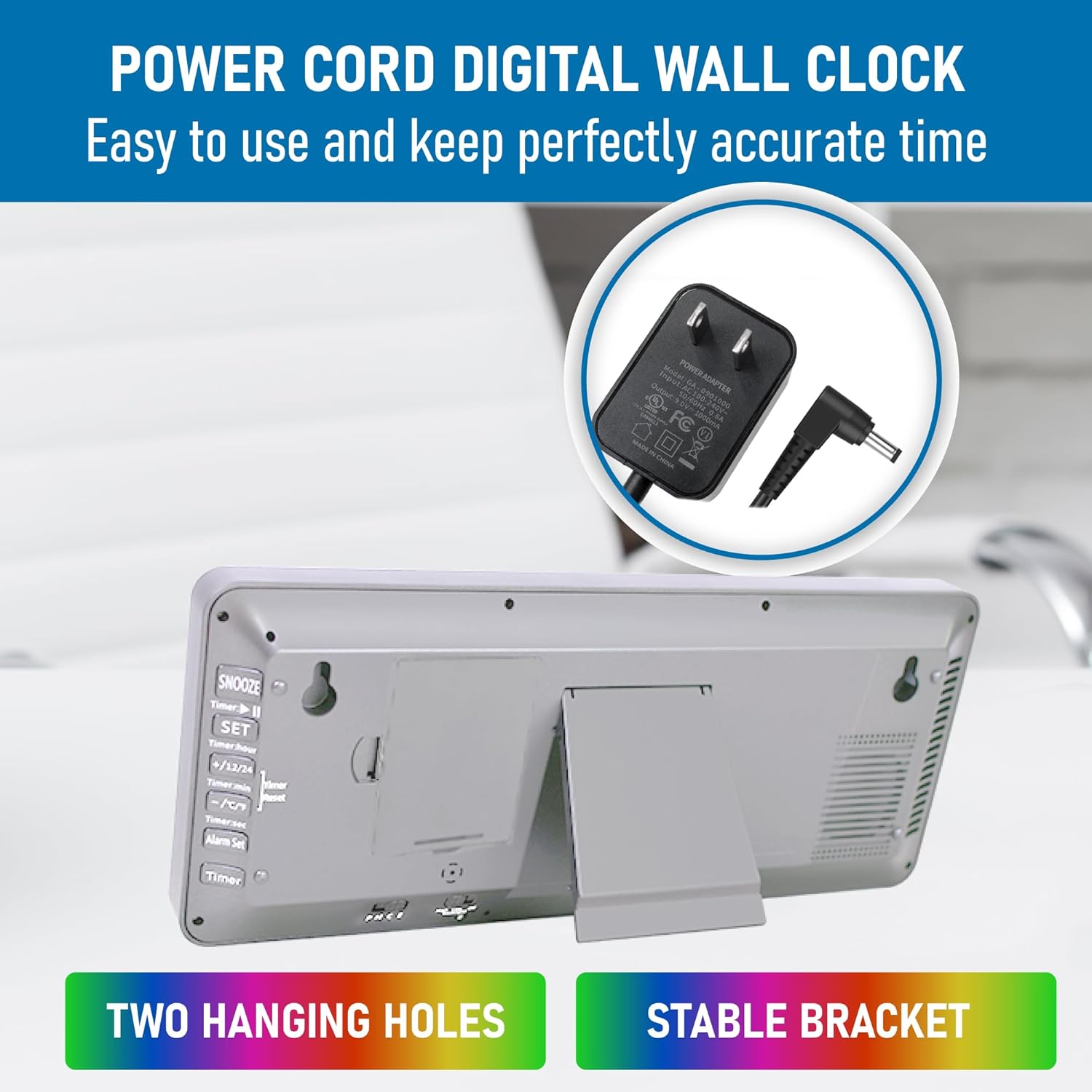 Back of the TXL digital clock showing the power input port, hanging holes, and a stable kickstand for desktop use.