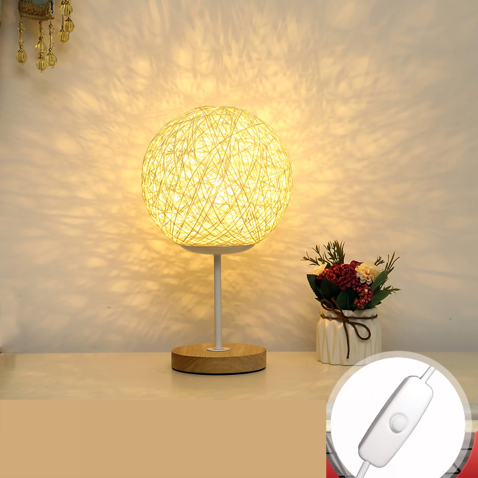 Ejoyous Lampada da Scrivania Lampada da Scrivania USB in Legno di bambù con Sfera in Rattan Luce Notturna a LED Luce Soffusa Alimentazione Portatile per la Lettura dello Studio della Camera da Letto