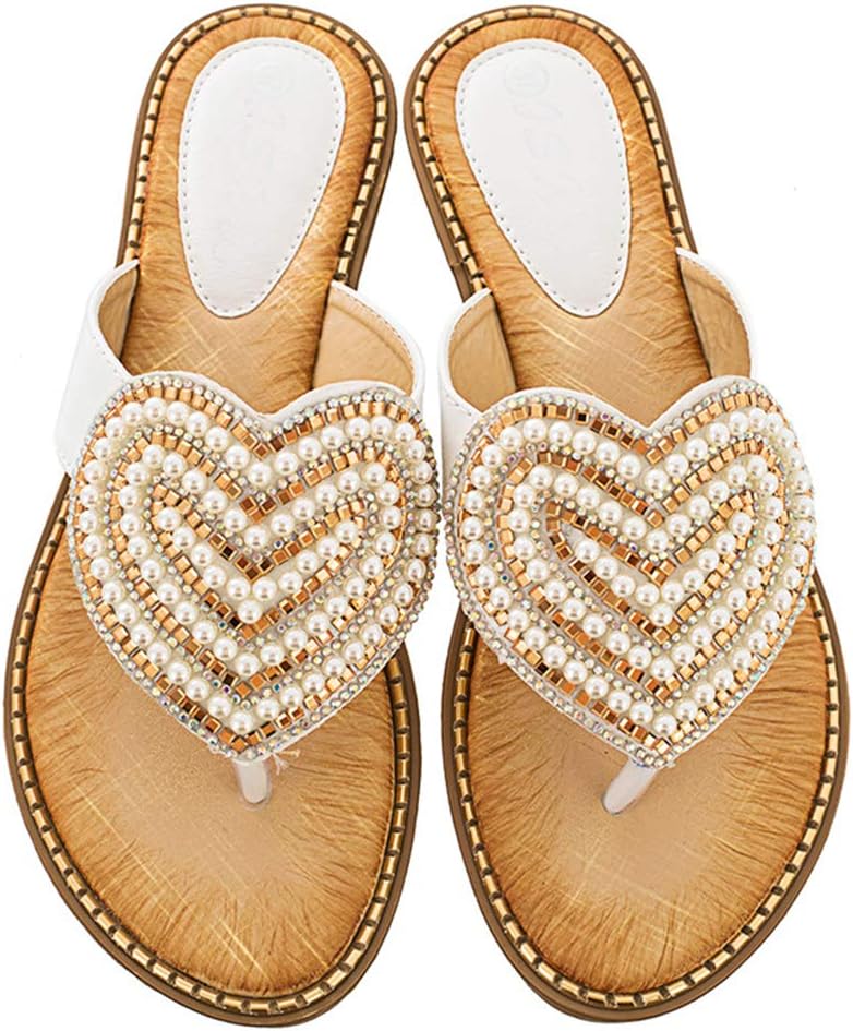 Womens Flip-Flops Platform-Sandals Beach Pearl Wedge-Thong White 7 M(B) US