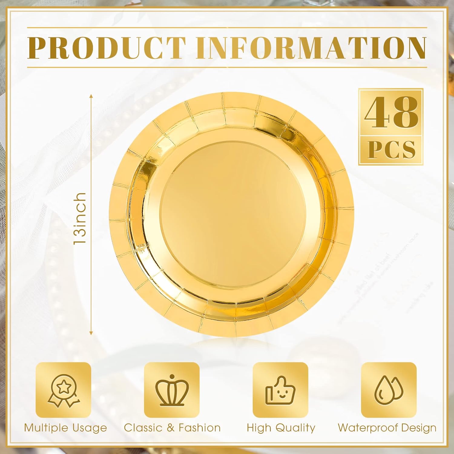 Mimorou 48 Pcs Disposable Gold Round Charger Plates 13 Inch Charger Dishes for Dinner Heavy Duty Gold Dessert Supplies Serving Tray Cake Paper Plates(48 Pcs)