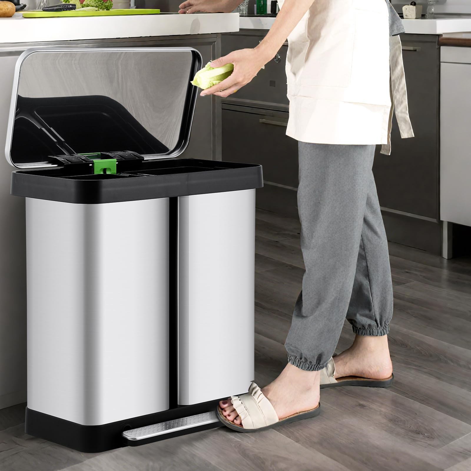 GarveeHome Mülleimer Küche,2 x 36 L Mülltrennsystem Edelstahl Mülleimer 2 fächer tretmülleimer Doppeldeckel mülltrennung getrennten Fächern berührungsfreie Bedienung geräuscharme für Küche Haushalt