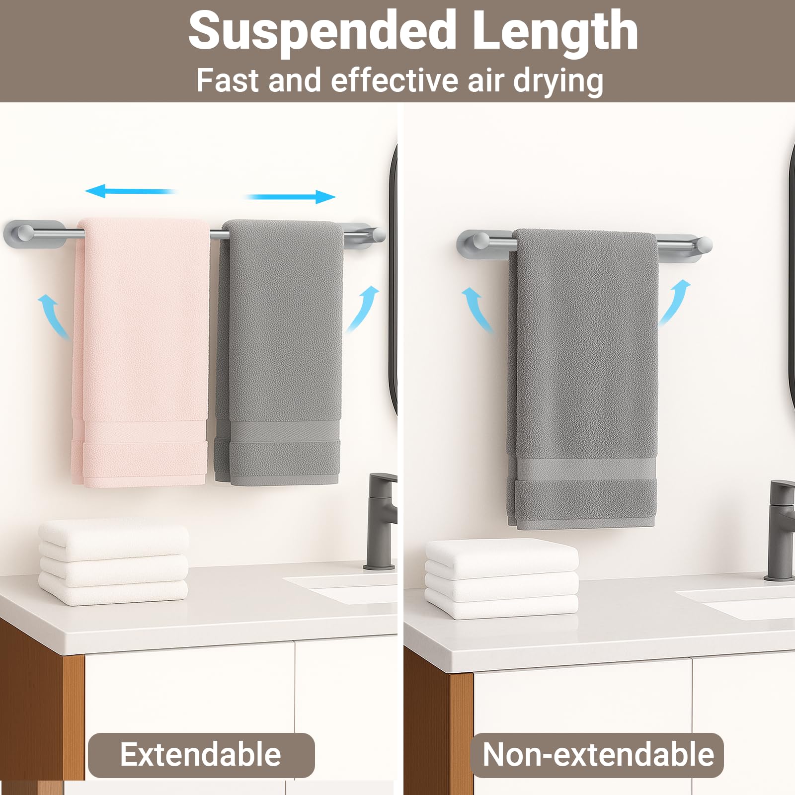 Alyvisun Porta Asciugamani da Bagno Adesivo in Acciaio Inox, Estensibile da 37 cm a 57,5 cm, Porta Asciugamani da Parete per Cucina e Bagno, Portasciugamani Adesivo