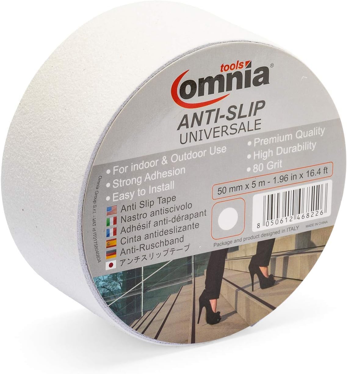 OMNIA TOOLS Universale Anti Slip Grip Tape | Non Slip Safety Tape for Indoor & Outdoor | Self Adhesive | 80 Grit White 29.5 mil 1.96 In x 16.4 Ft