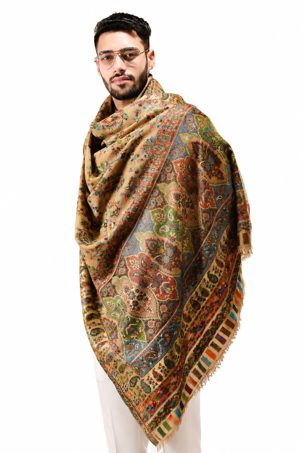 pashtush Mens Ethnic Stole, Pure Wool, Woolmark Certificate, Beige With Zari Weave (Twilight)-picture-20