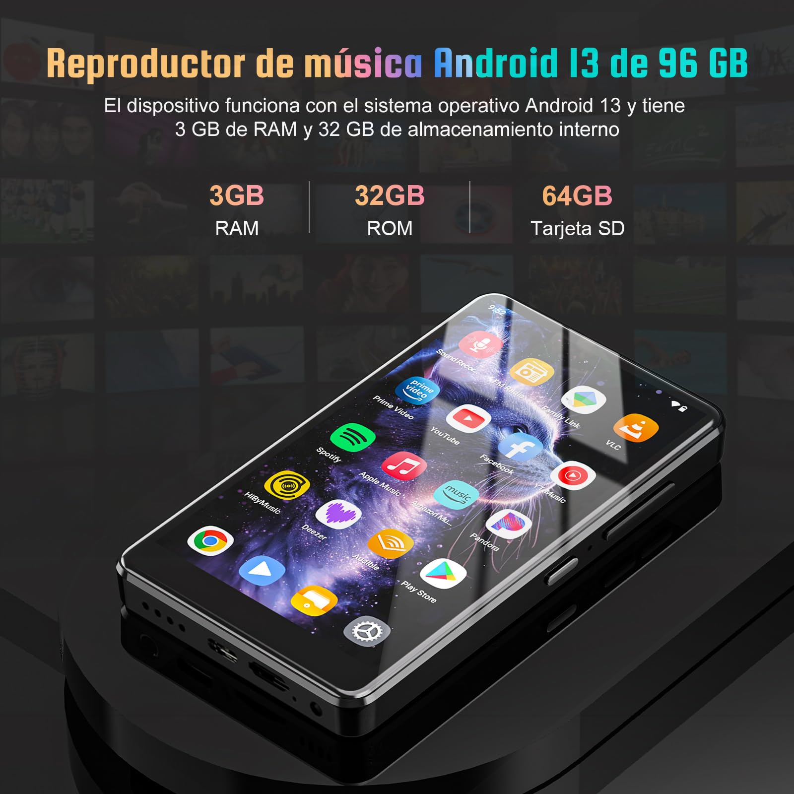 96 GB Reproductor MP3 de con Sistema operativo Android 13, Reproductor MP3 de 5" con Bluetooth y WiFi, Reproductor MP4 HD 1080P, Reproductor de música con Spotify, Audible y Play Store