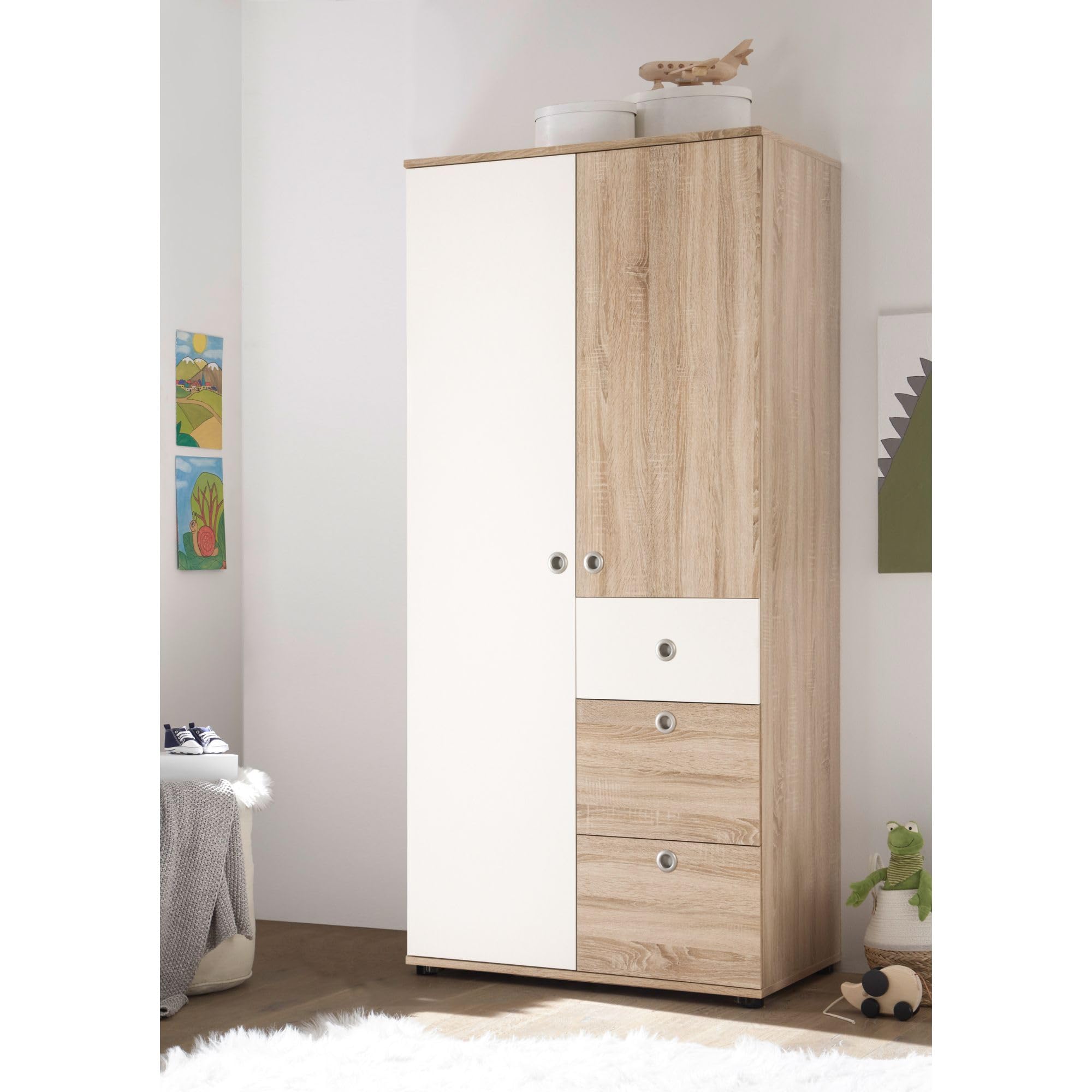 WIKI Eleganter Babyzimmer Kleiderschrank 2-türig 90 x 191 x 53 cm Eiche Sonoma Optik Weiß