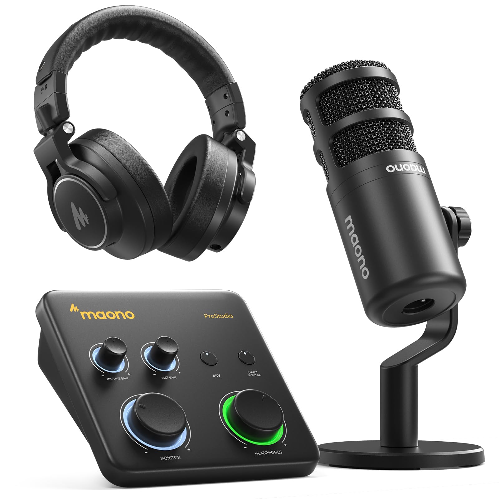 MAONO USB Audio Interface Bundle: Interface with XLR Microphone Headphone 24-bit/192kHz LOOPBACK ASIO Driver for Recording Music Home-Studio Guitar Podcast Streaming PC DAW(PS22+PD100+MH700)