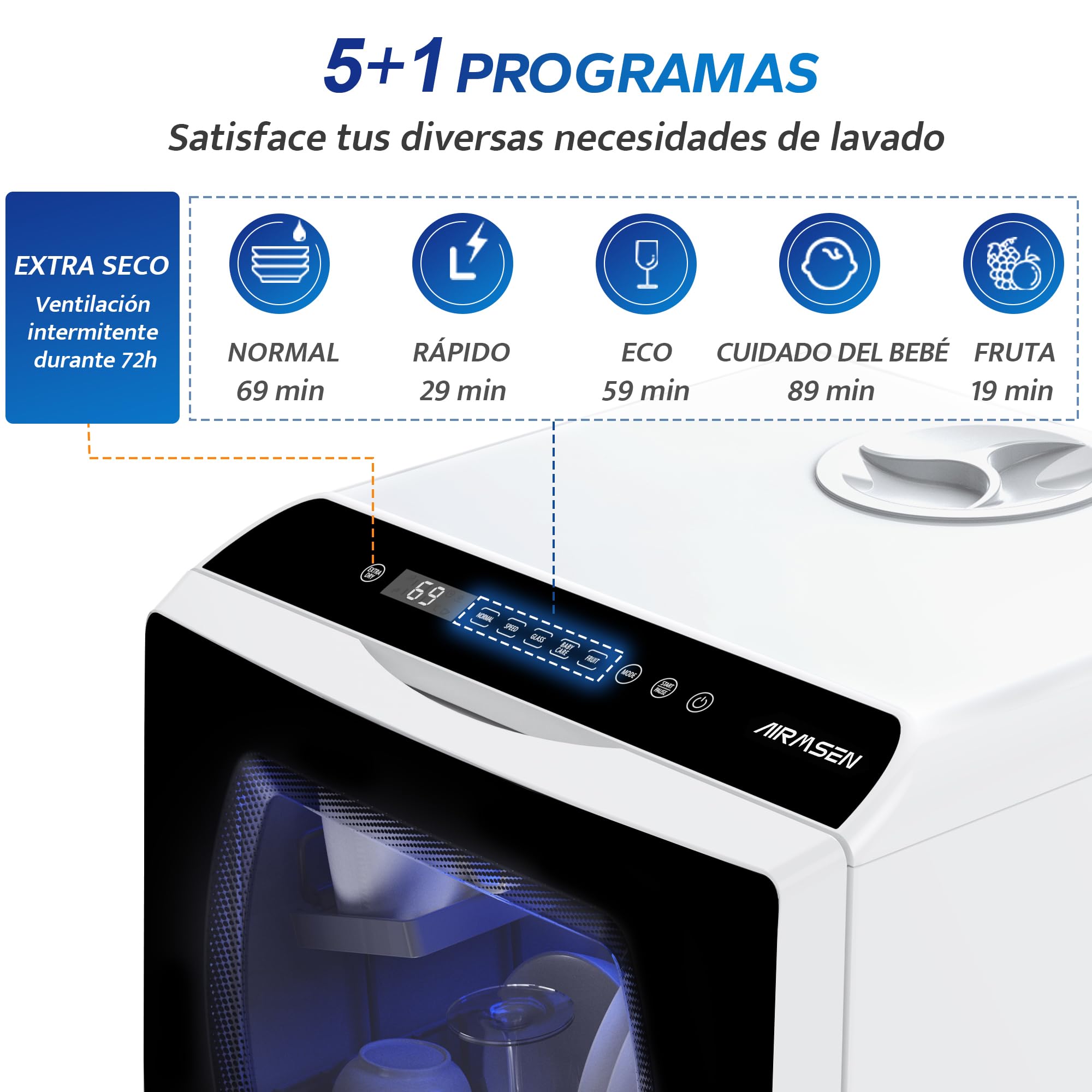 AIRMSEN Mini Lavavajillas de Sobremesa con 5+1 Programas, Depósito de 5 Litros, 2 Formas de Suministro de Agua, Control Táctil y Pantalla LED, Ideal para Cocinas Familiares, Apartamentos y Dormitorios
