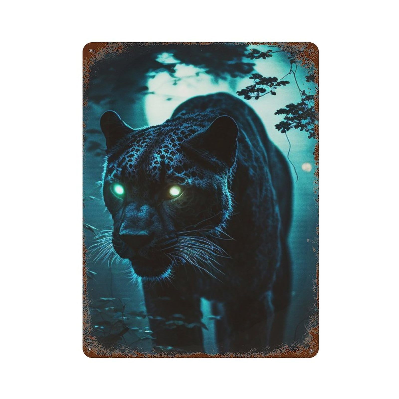 Panther In The Dark Forest Aged Metal Wall Plaque 15.7"x11.8", Decorative Metal Wall Art for Garage, Pub Or Kitchen