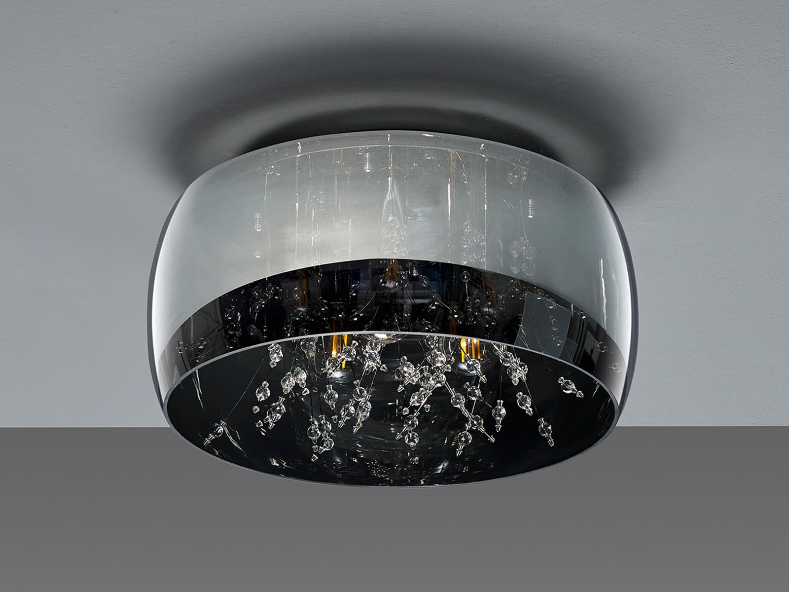 meineWunschleuchte Deckenleuchte Ø 34cm Glas Schirm Chrom verspiegelt in Rauchglas Optik mit Kristallbehang