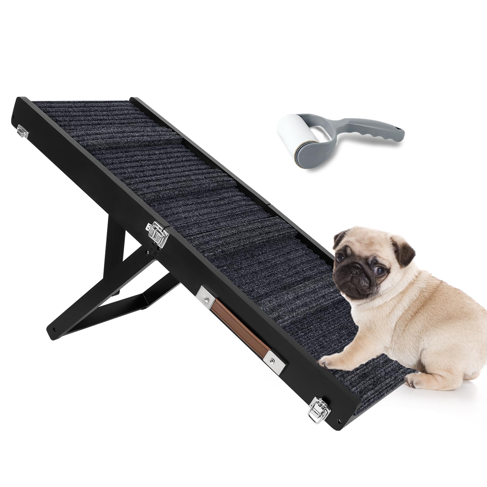 Umtiti Black Wooden Framed Folding Portable Pet Ramp. 4 Levels Adjustable 9" to 17.3" with Non-Slip 5 Paw Traction Mat for Small Medium Doggie. Dog Ramps-80penBK,UK