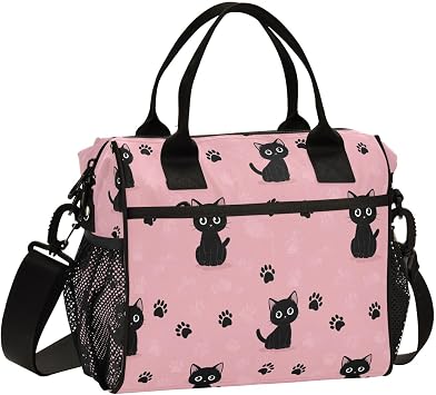 Aslsiy Lunch Bag for Girls Black Cat Cartoons Kids Insulated Lunch Bags Paw Prints Pink Women Tote Bag for Office School M