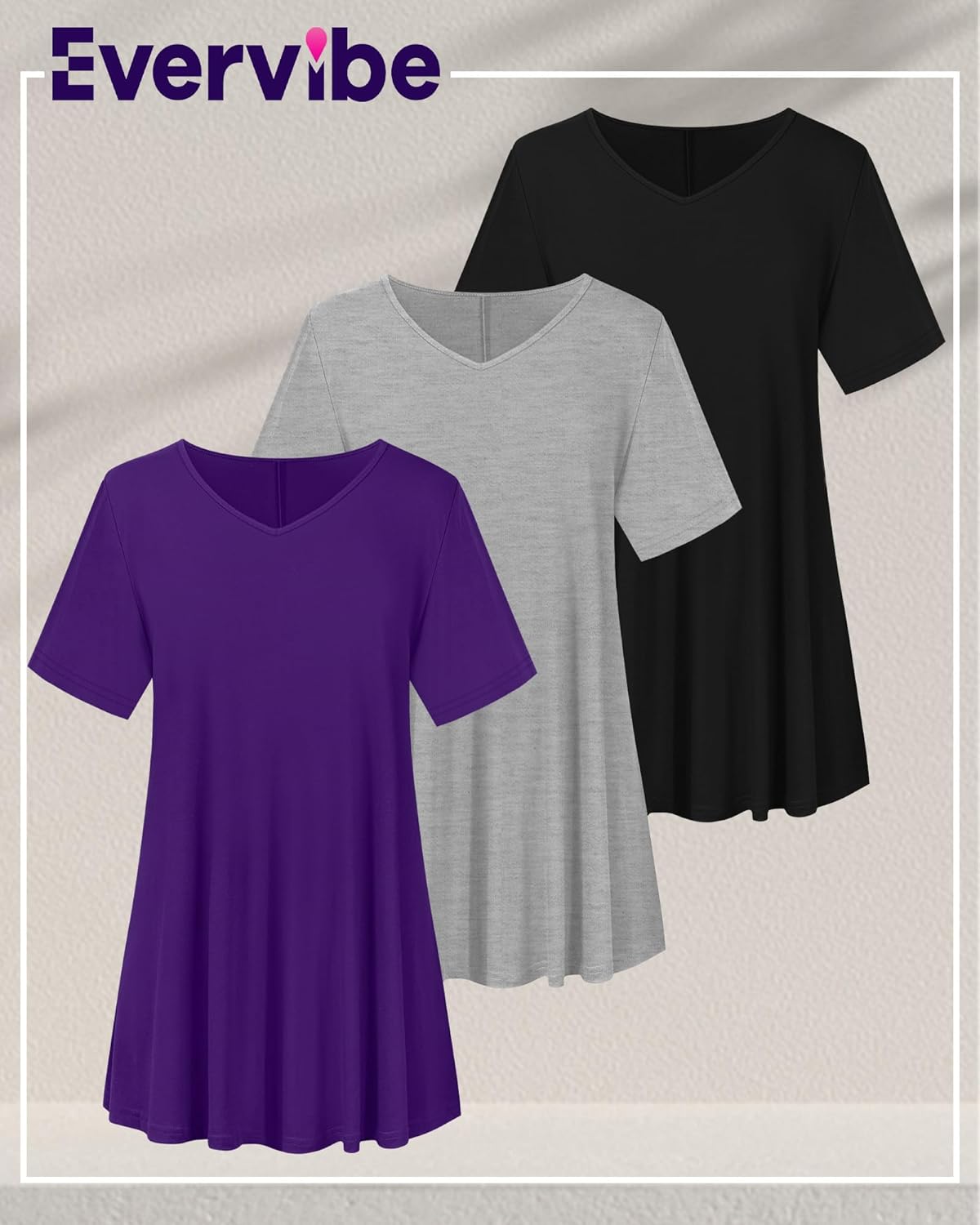 Evervibe 3 Pack Women's Plus Size Tops Short Sleeve Tunic Shirts V Neck Loose Flowy Swing Casual Summer Tees