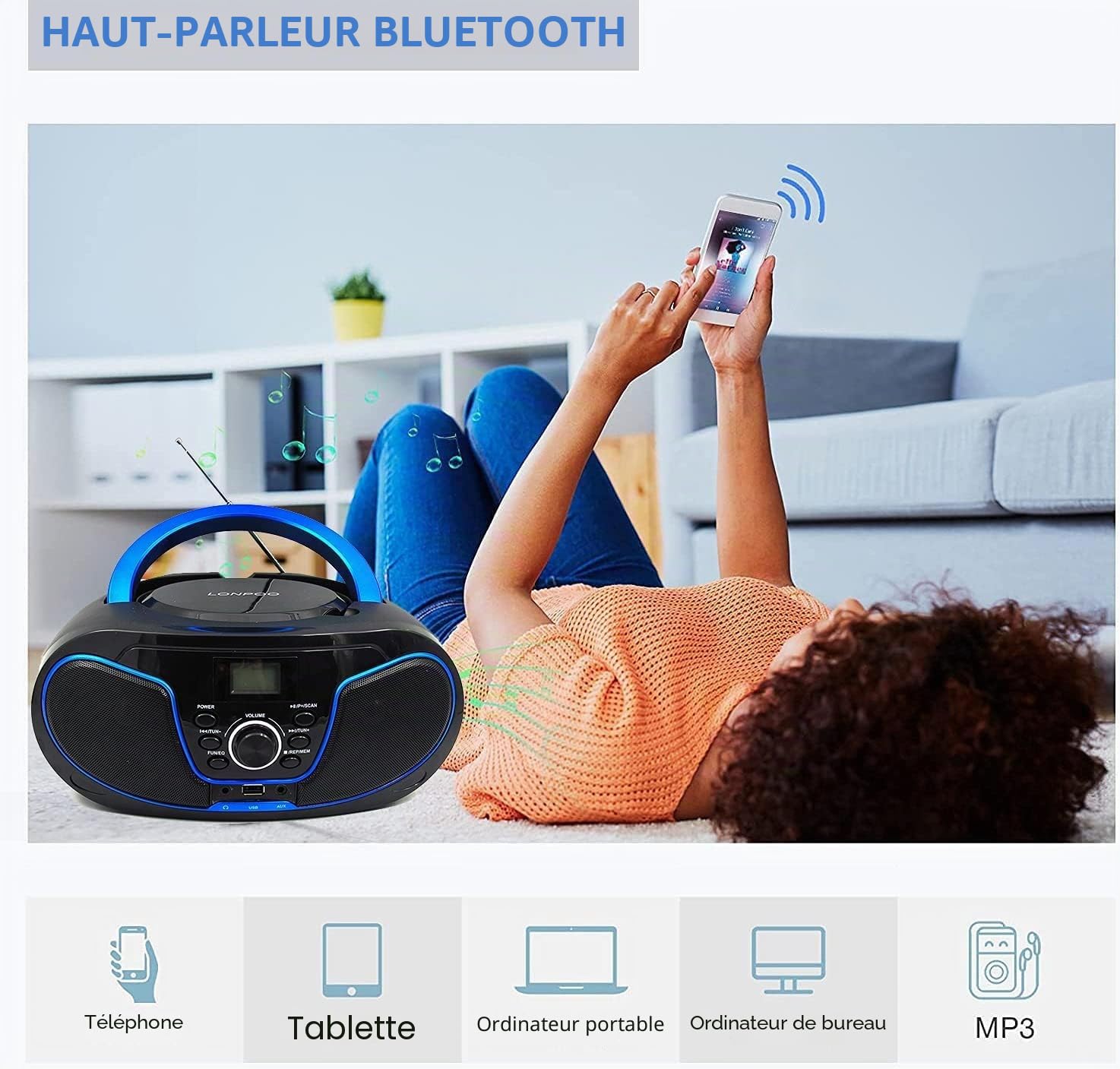 Lecteur CD avec Bluetooth, LP-D02 Radio FM Portable Stéréo avec Son Cristallin, Lecture MP3, Entrée USB et AUX, Prise Casque, Ecran LCD