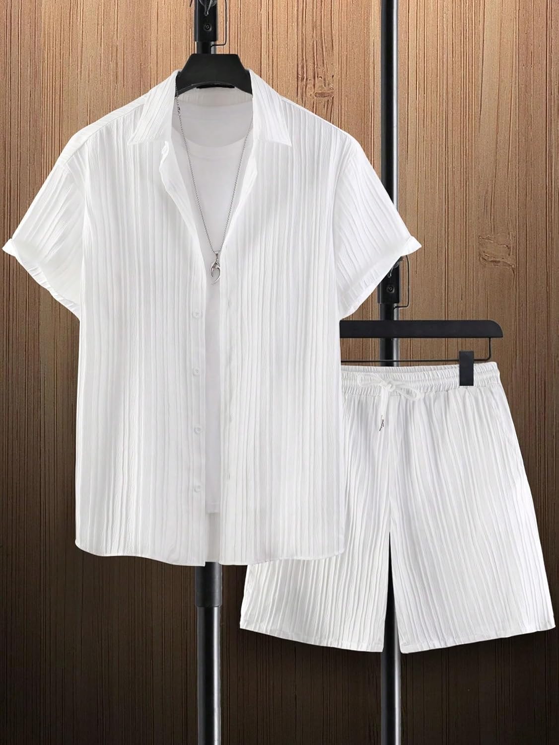 WDIRARA Men's 2 Piece Outfit Button Front Short Sleeve Shirt and Drawstring Waist Shorts Set - Image 3