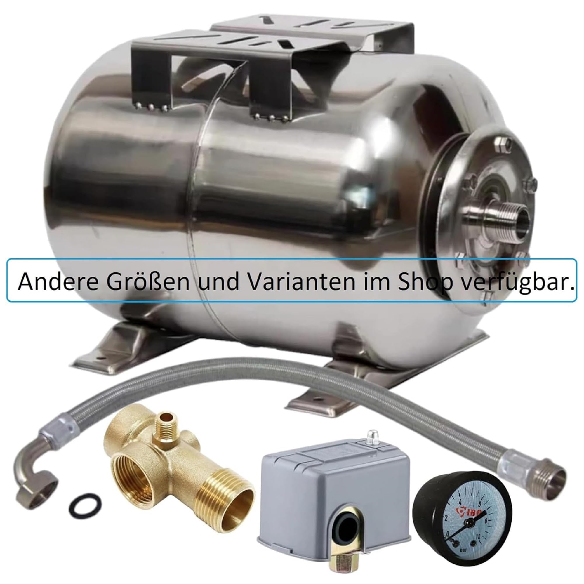 24L Edelstahl Druckkessel/Membrankessel mit Druckschalterset + Panzerschlauch für Hauswasserwerk