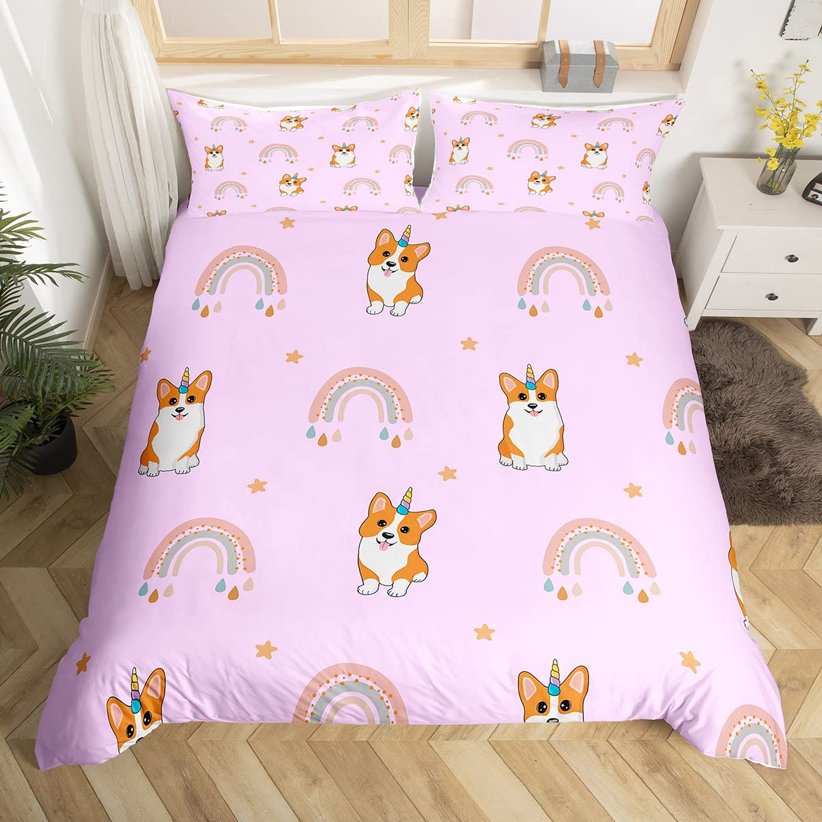 Jednorożec Corgi pokrowiec na pocieszyciel psa, rozmiar L, Kawaii, kreskówka, gwiazdy, tęcza, zestaw pościeli do pokoju domowego, liliowa, śliczne szczeniaki, zwierzęta, poszewka na kołdrę z 2