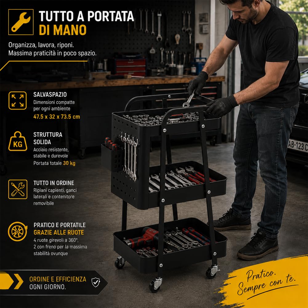 Carrello da Officina Portatile con Ruote Piroettanti in Acciaio Verniciato, Carrellino Salvaspazio 3 Ripiani da Lavoro per Attrezzi con Ganci e Portaoggetti, Organizer per Garage, Nero