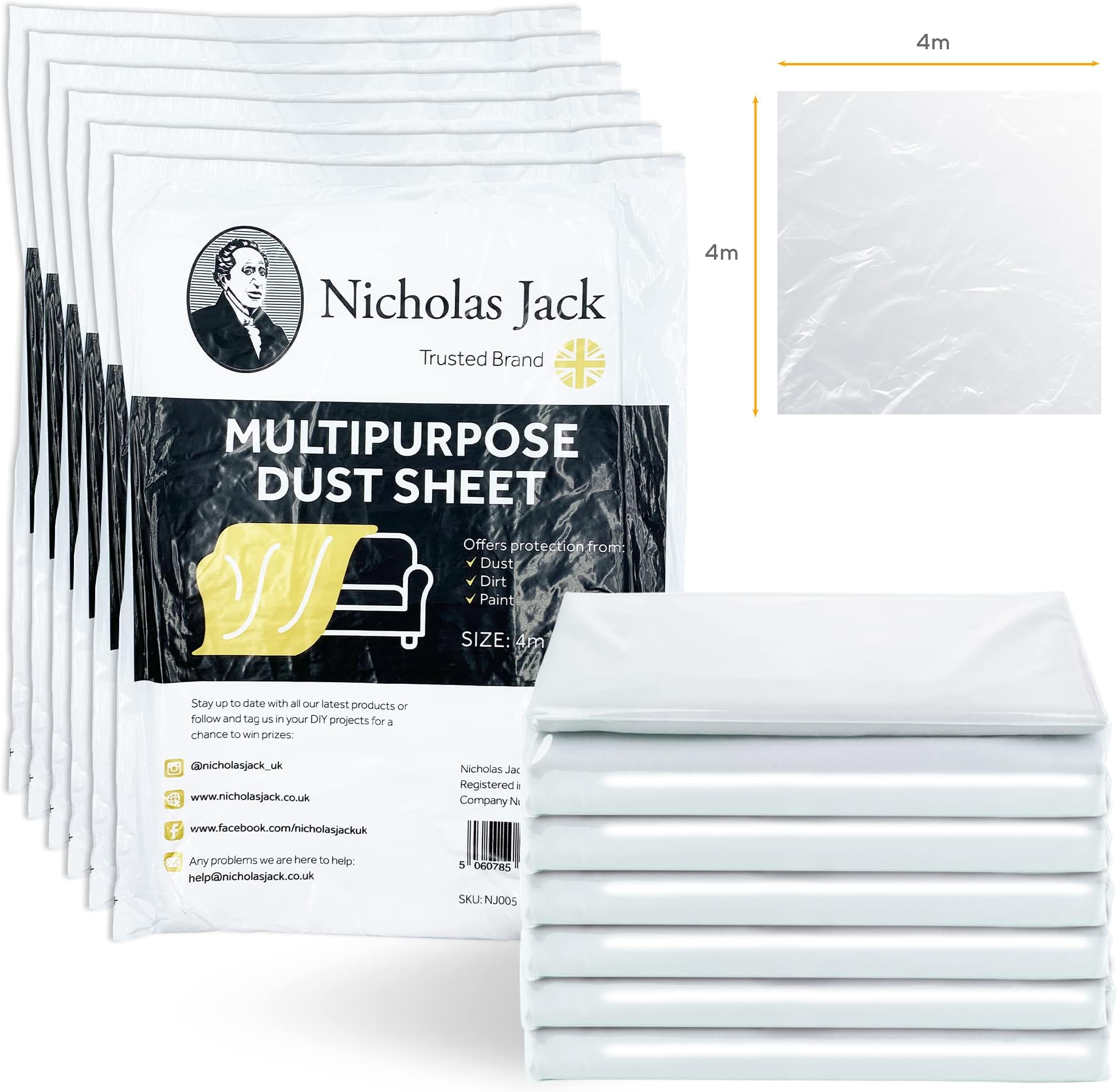 Nicholas Jack of 6 Large Plastic Dust Sheets for Decorating 4m x 4m Decorators Polythene Paint Covers Sheeting for Furniture & Flooring etc,