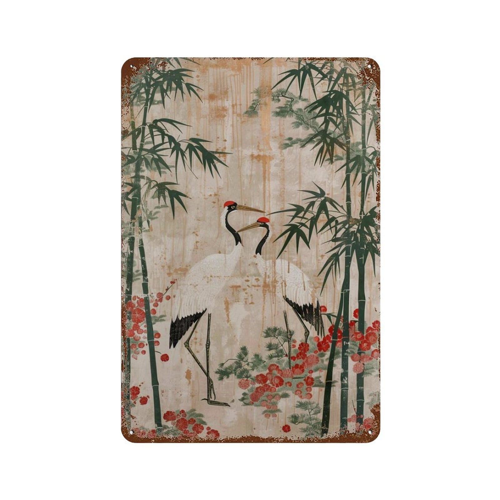 xiaoxiaoshen Japanese Crane Oriental Bamboo Red Crowned Traditional Asian Nature Elegant Work Wall Decor Art Metal Tin Poster Modern Home Decor Art Home Bar Shop Decorations Vintage Sign 30x20cm