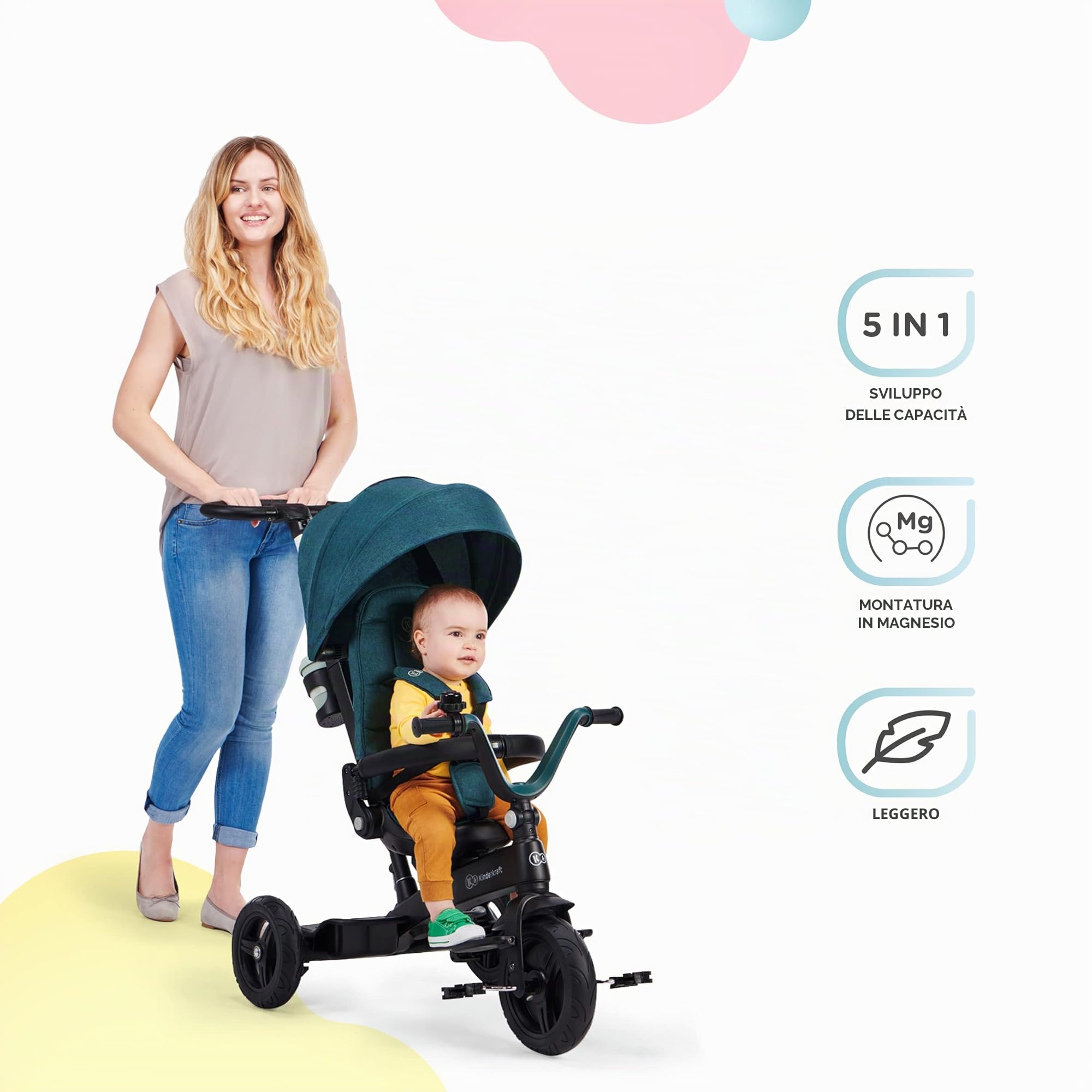 Kinderkraft Triciclo Evolutivo TWIPPER, con Maniglione, Sella Girevole 360 Gradi, Accessori, Campanello, Portabicchiere, da 9 Mesi fino a 5 Anni, Rosa