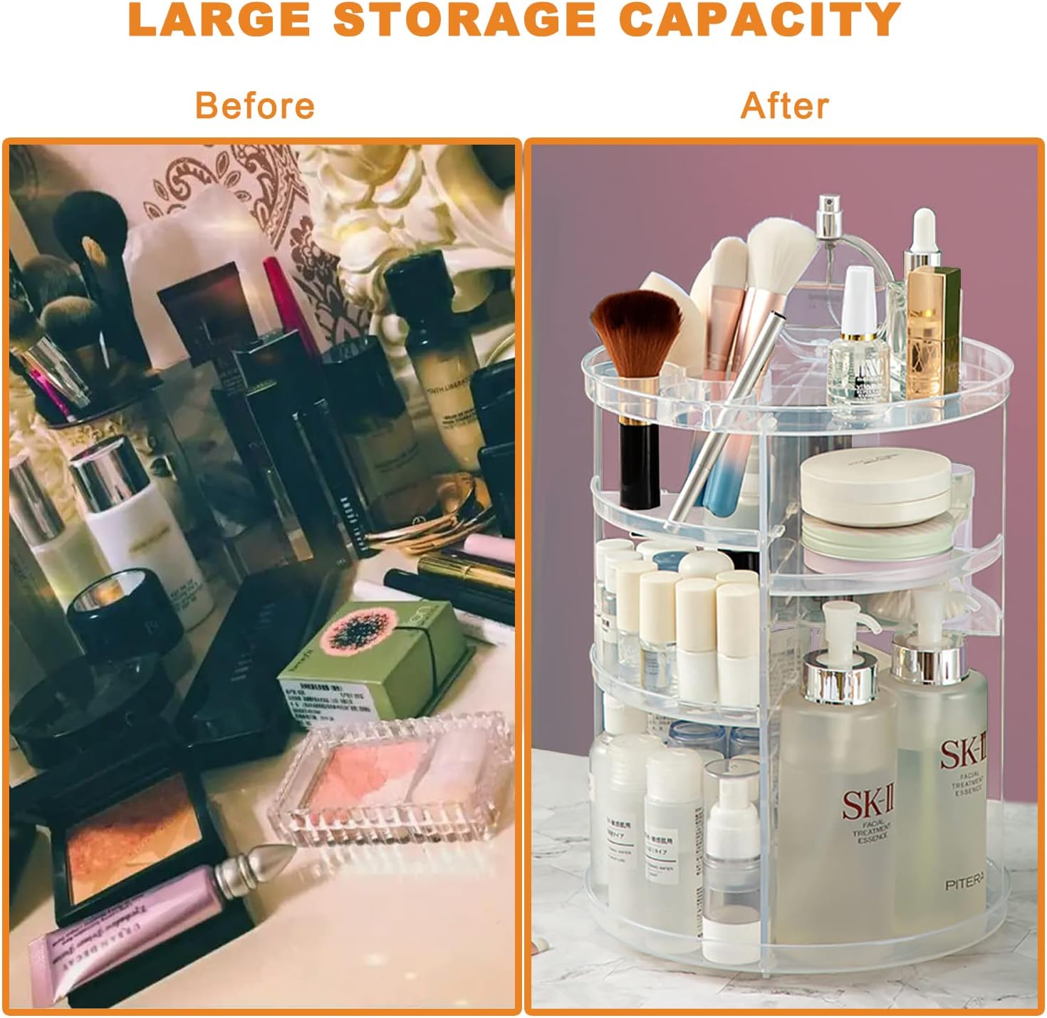 Rotating Makeup Organizer, DIY 8 Adjustable Layers Spinning Skincare Organizer, Cosmetic Display Case with Brush Holder Perfume Tray, Multi-Function Storage Carousel for Vanity Bathroom Countertop