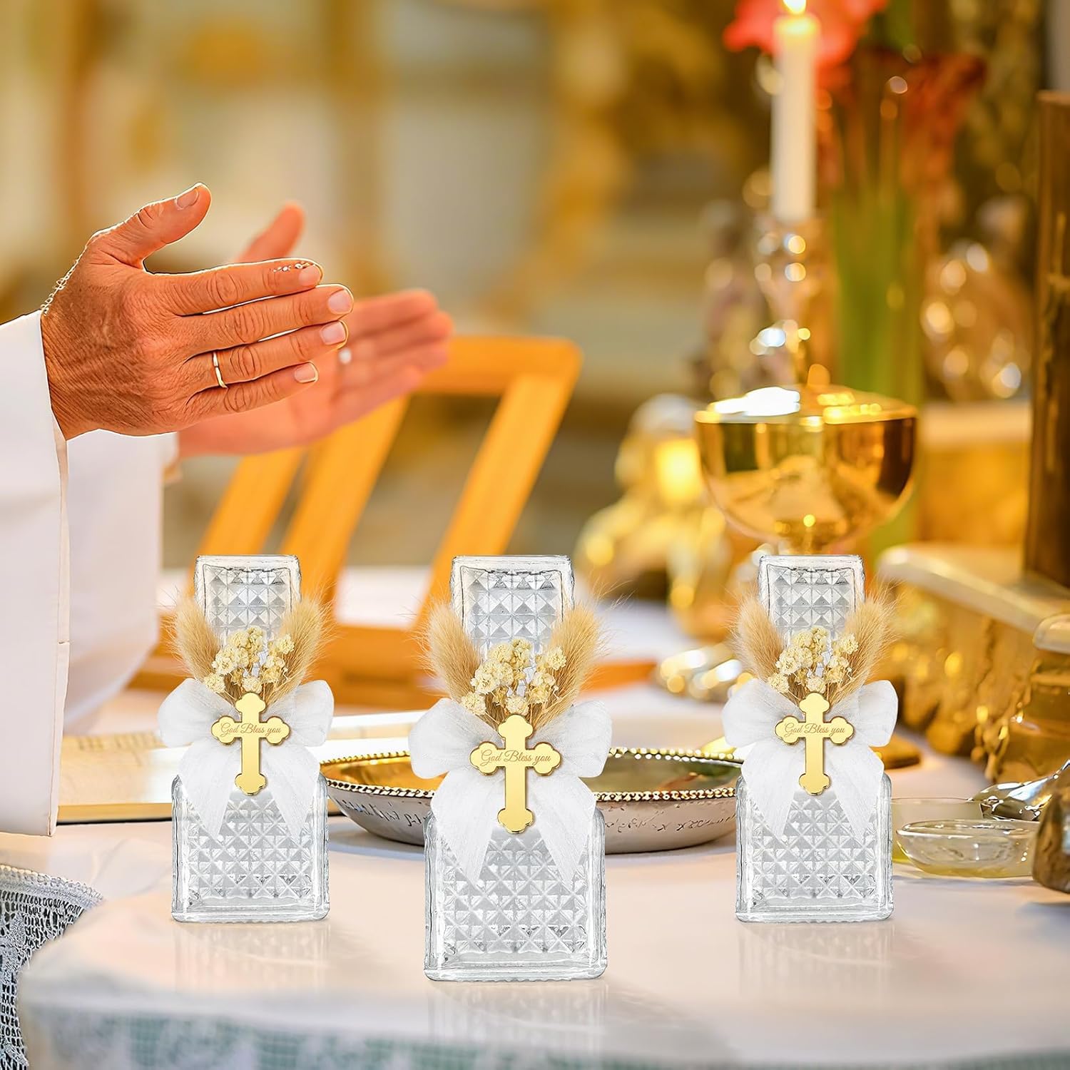 12 Set Holy Water Bottles Catholic Bulk Glass Baptism Favors for Guests Christian Water Container with Floral Organza Bags Bow for Holy Communion Gifts Church Wedding Baptism Decor (Elegant White, 12)