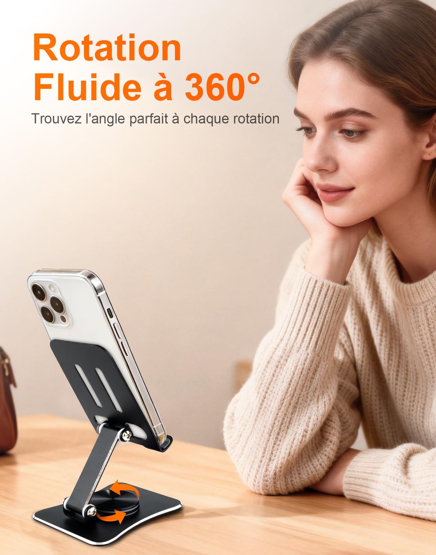 GRIFEMA GB1055 Support Téléphone et Tablette de Bureau Pliable, Rotatif 360°, Ajustable, Alliage d'Aluminium, Compatible 3,5–10,5''