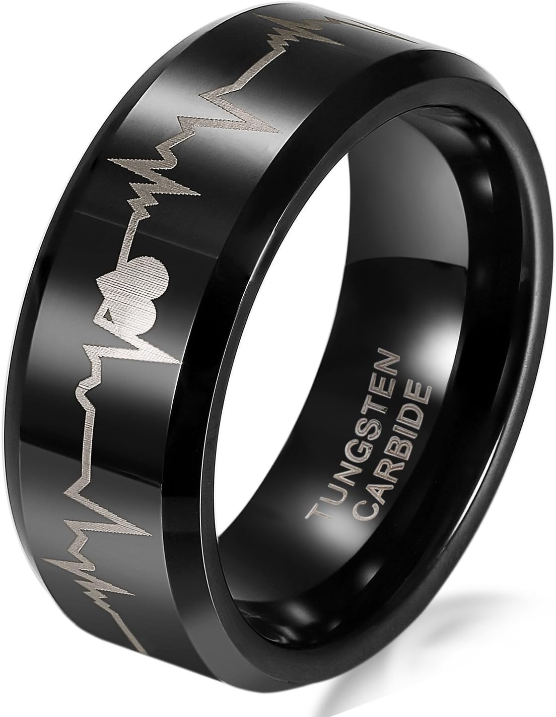 Tungsten Love 8mm Black Comfort Fit Tungsten Carbide Ring With Laser Forever Love Design Ekg Heart Beat Men's Aniversary/Engagement/Wedding Band
