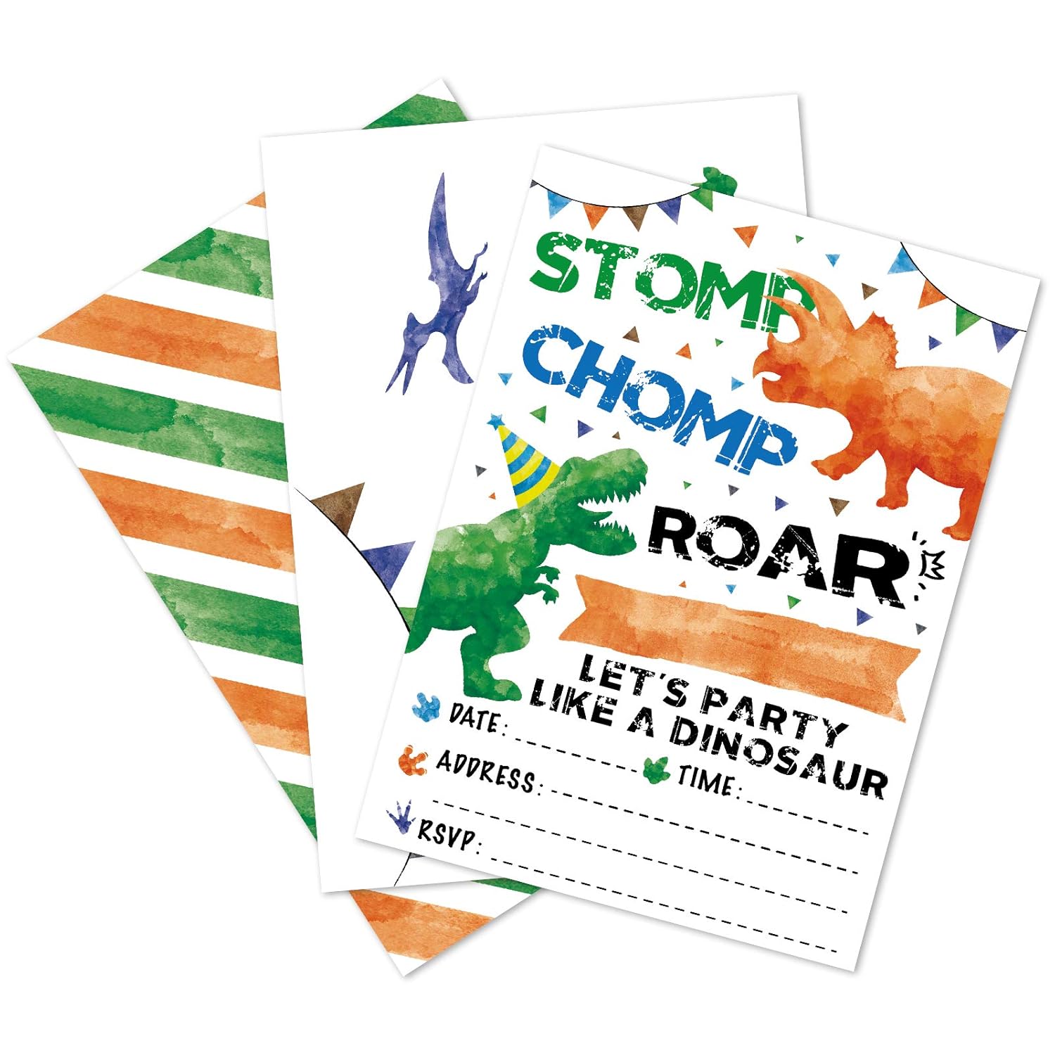 Watercolor Dinosaur Party Invitation Cards 20 Sets Fillin