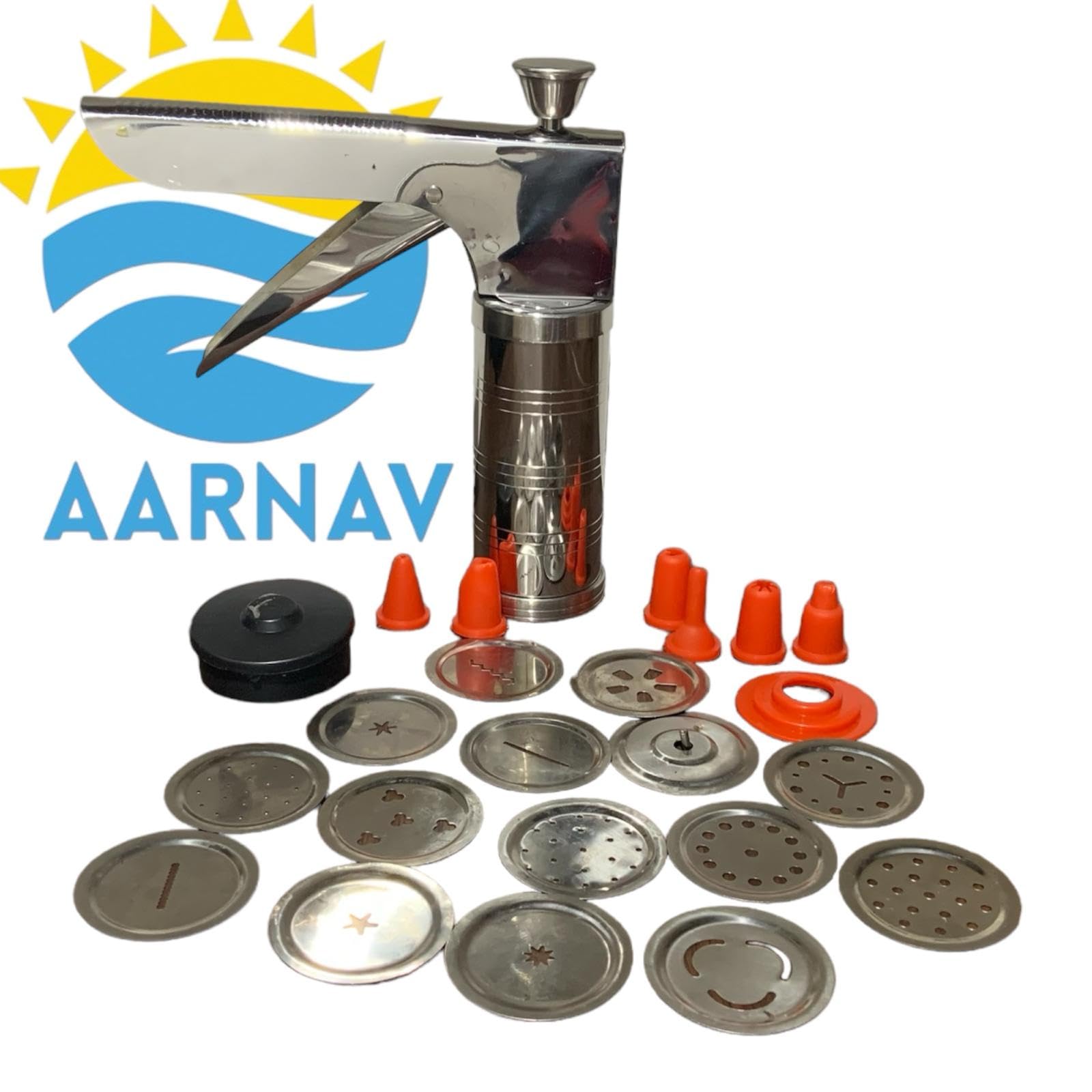 AARNAV Pressa da cucina in acciaio inox multifunzione con 15 dischi, 6 coni per torte, biscotti, set per glassa