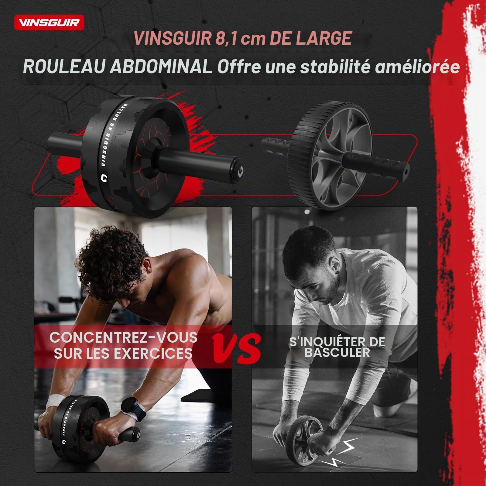 Vinsguir Ab Roue abdominale pour exercices à la maison, noir/rouge