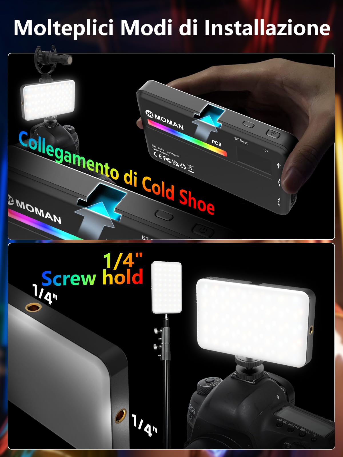 Moman PC8 Luce Video Professionale RGB Pannello LED 3100mAh con App Control, 13 Effetti Luce per Fotocamera/Streaming/YouTube