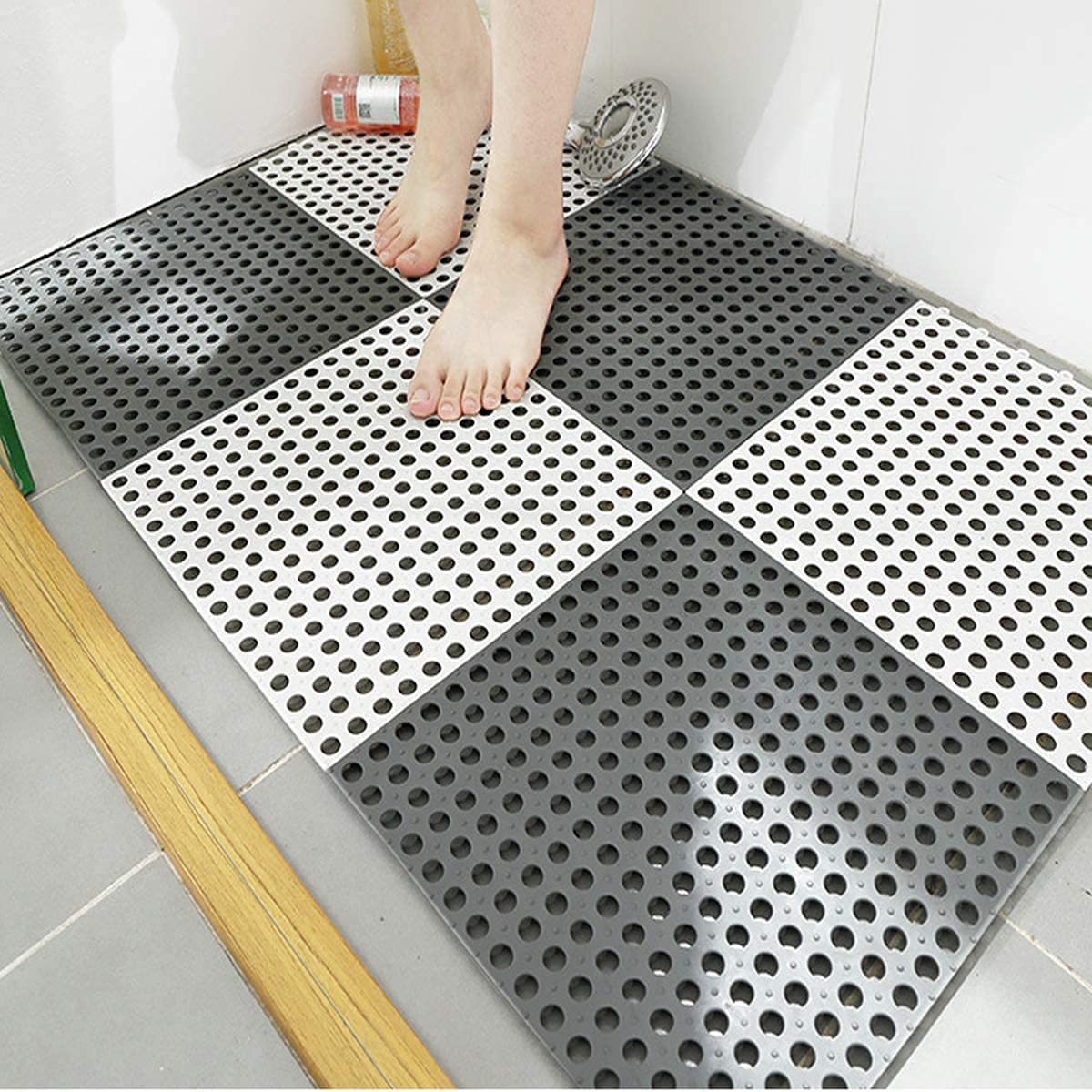 Interlocking Non-Slip Drainage Floor Tiles (Pack of 2) - 12x12 Inch Soft PVC Bathroom Mat with Grid Base - Cushion Mat for Sink Area & Doorstep (Grey/White)-image-40